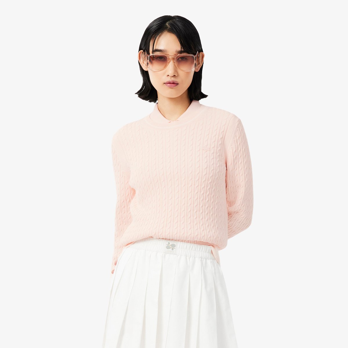 Pull maille torsadée détails rayés rose-n6i, LACOSTE