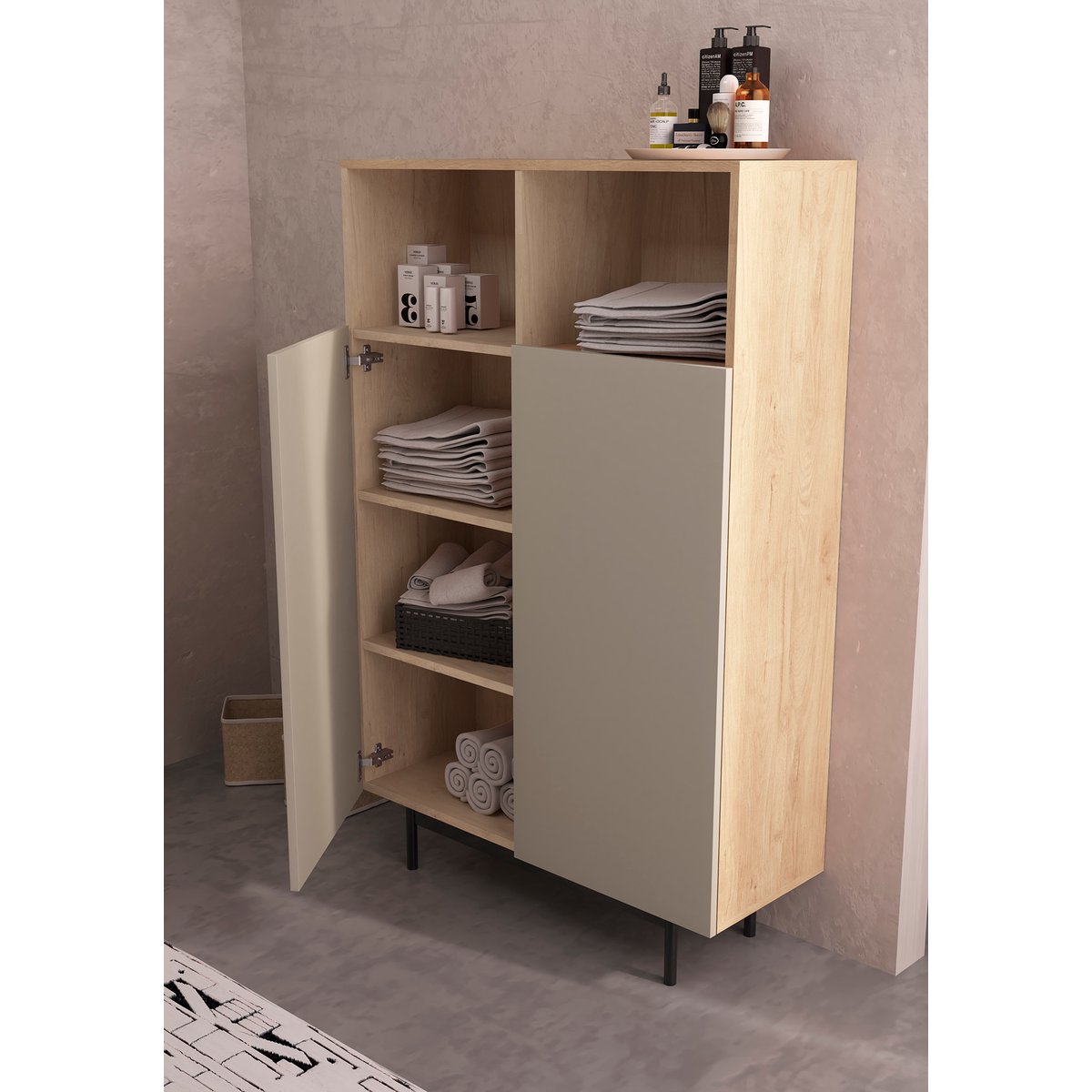 Buffet L placard 2 portes, PRINTED chêne clair-taupe, HERDASA