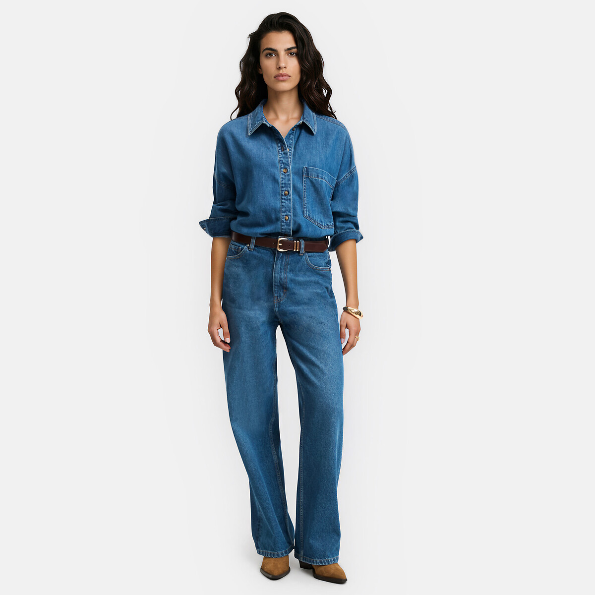 Chemise oversize en denim bleu stone, LA REDOUTE COLLECTIONS