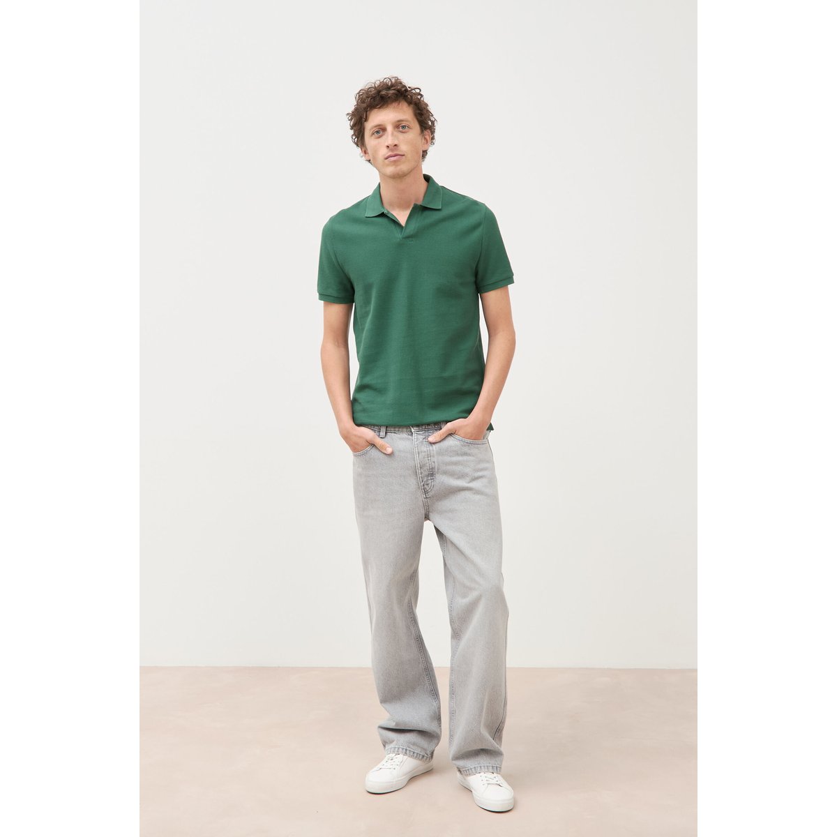 Polo cintré manches courtes en coton vert, BONOBO
