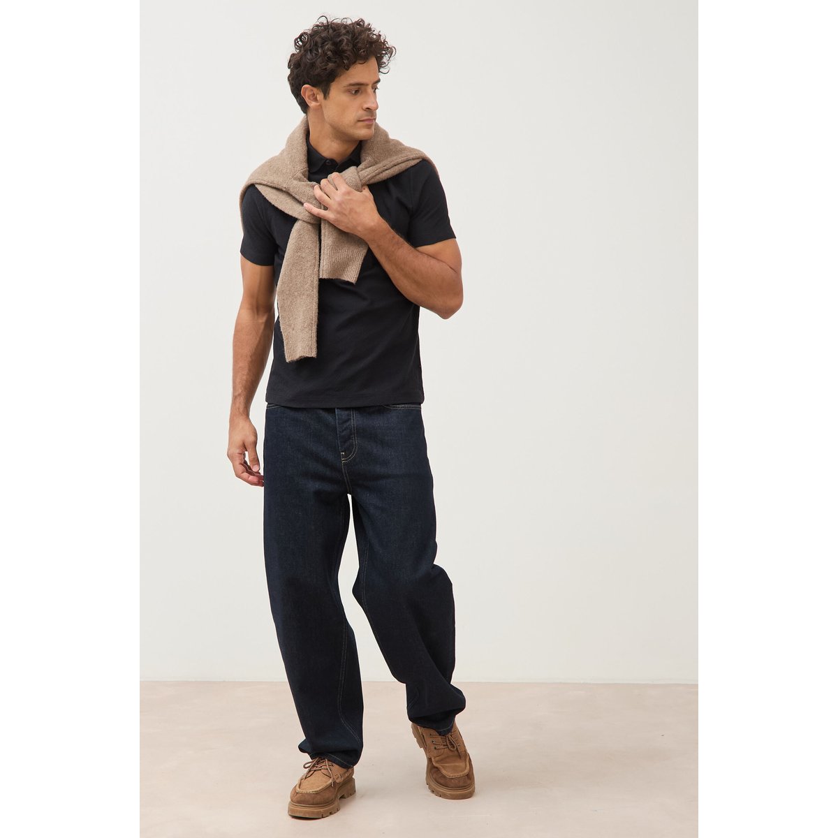 Polo droit en coton manches courtes noir, BONOBO