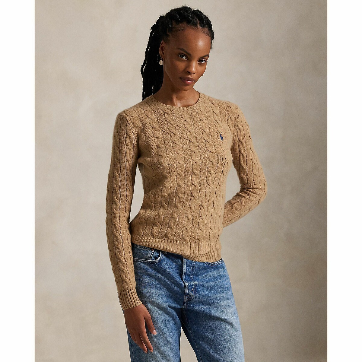 Pull col rond en maille torsadée, 80% laine 20% cachemire camel, POLO RALPH LAUREN