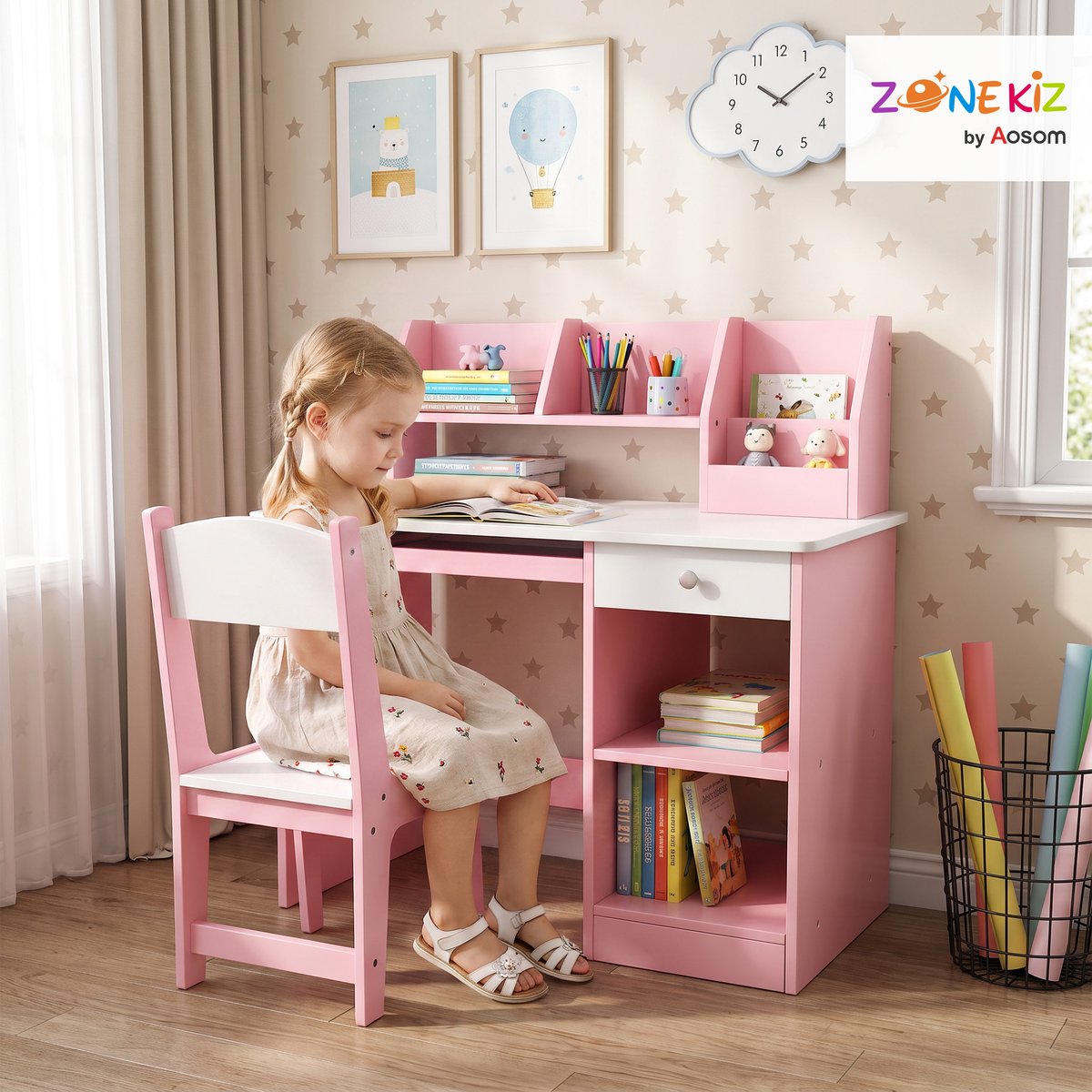 Bureau d'étude pour enfants avec chaise MDF rose et blanc, ZONEKIZ