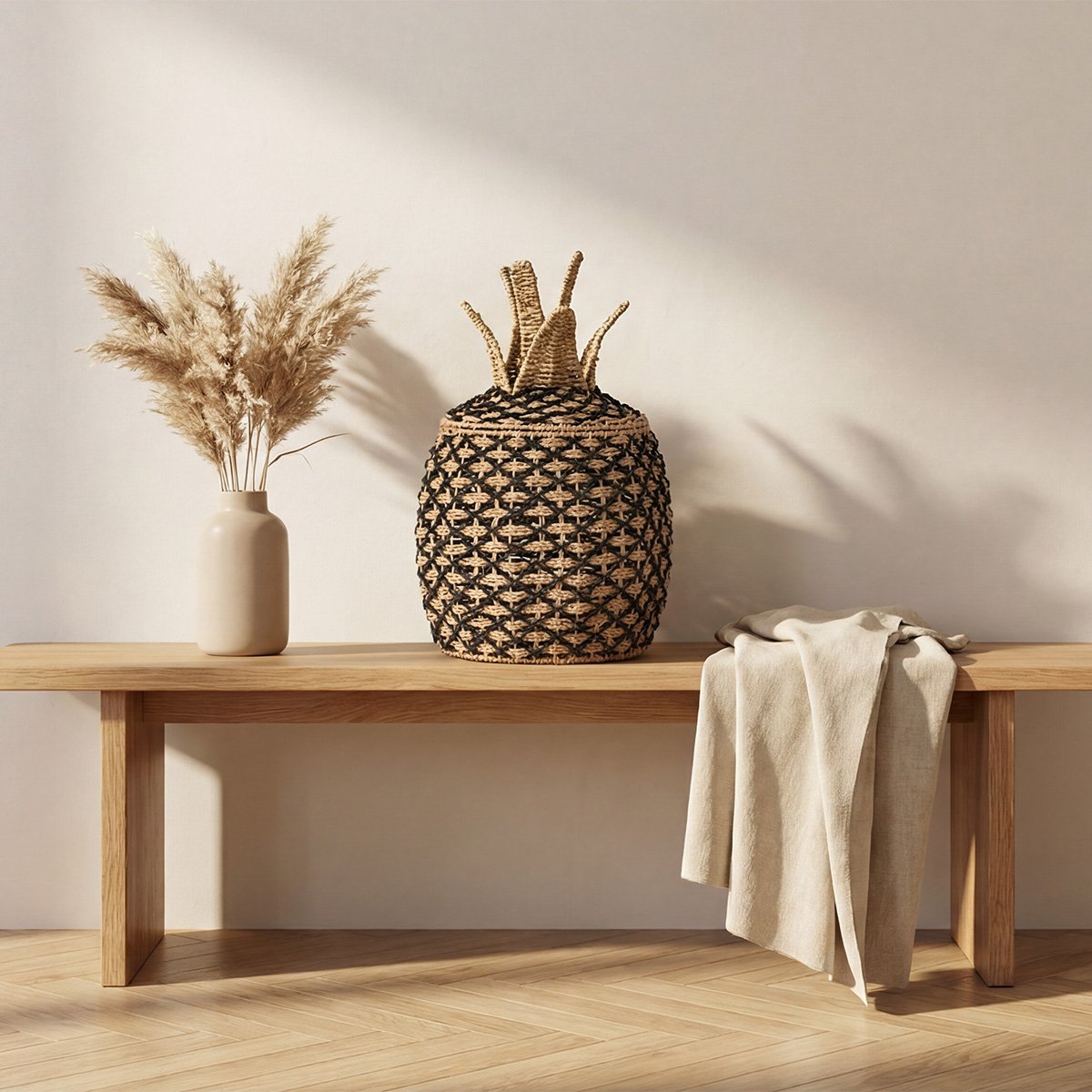 Panier ananas jonc de mer naturel et noir v002237, MAISON AUBERTIN
