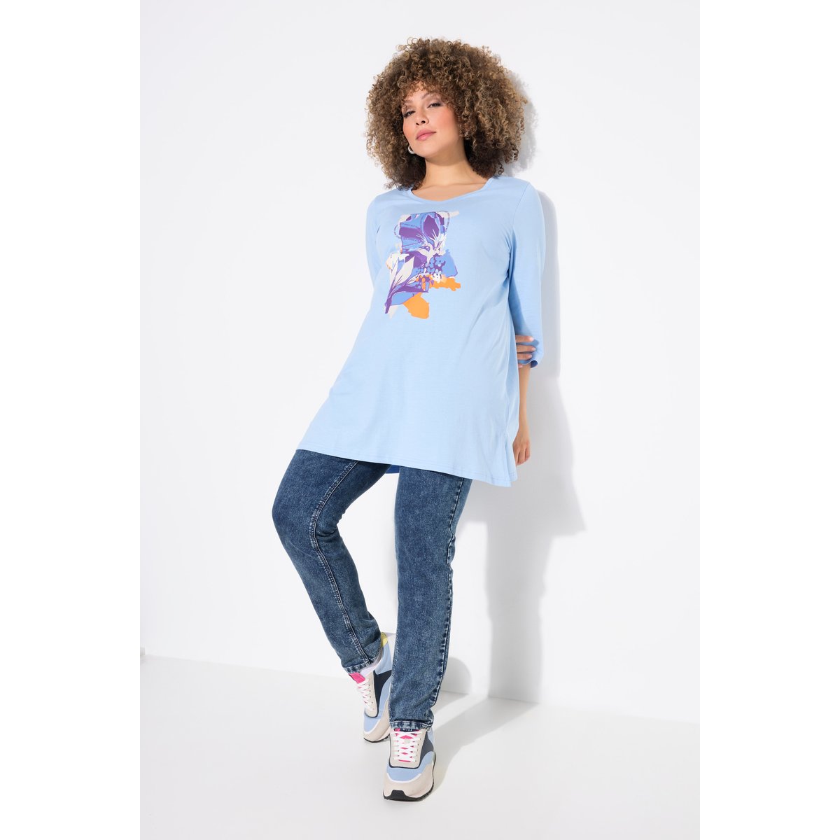 T-shirt motif à fleurs, coupe évasée bleu clair, ULLA POPKEN
