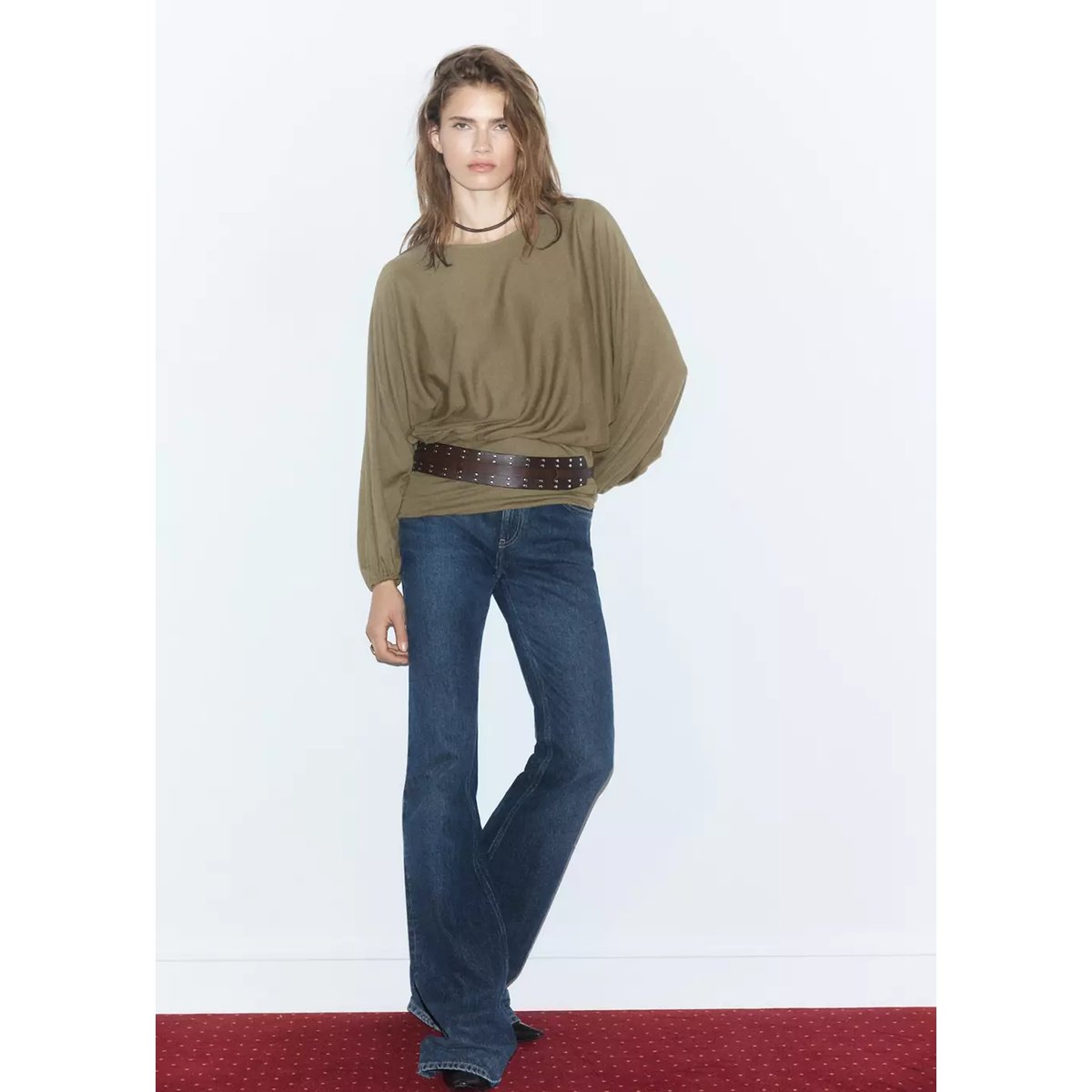 Blouse froncée ceinture large kaki, MANGO
