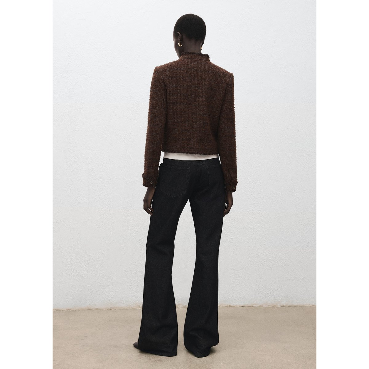 Veste tweed bords effilochés marron, MANGO