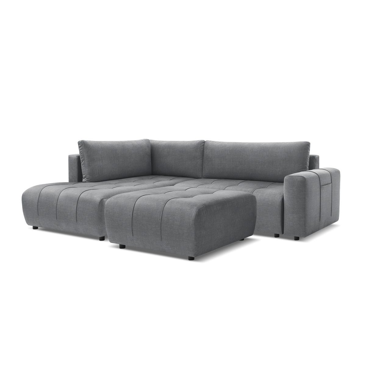 Canapé d'angle convertible 4 places en velours avec pouf, ARSENE gris foncé, BOBOCHIC