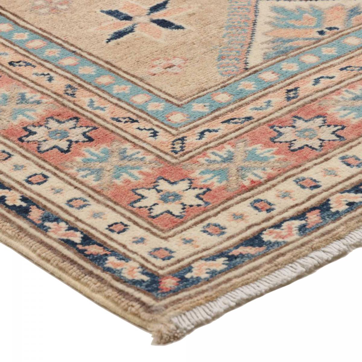 Tapis salon géométrique, noué main en laine, KAZAK CO 62 beige, bleu, rouge, UN AMOUR DE TAPIS