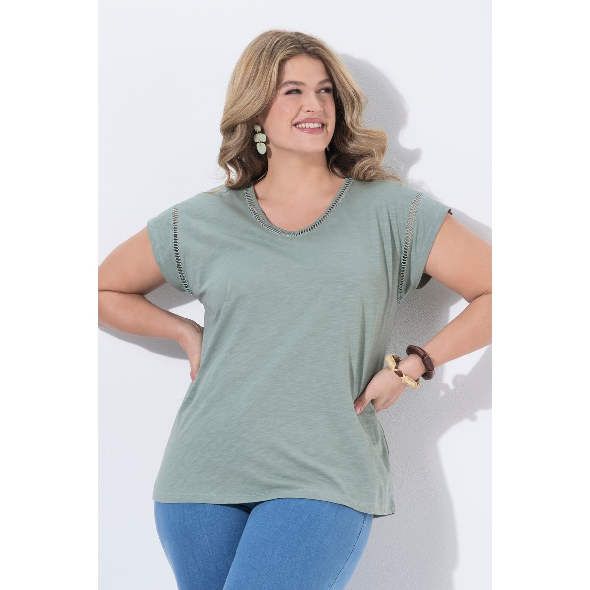 T-shirt V, Oversized, coton bio menthe verte, ULLA POPKEN