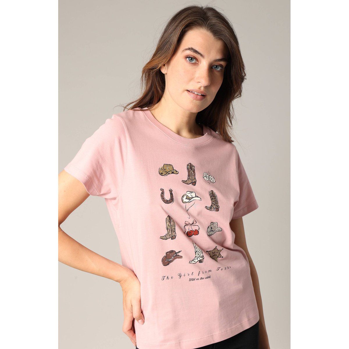 T-shirt imprimé western 100% coton TEXAS rose clair, DEELUXE