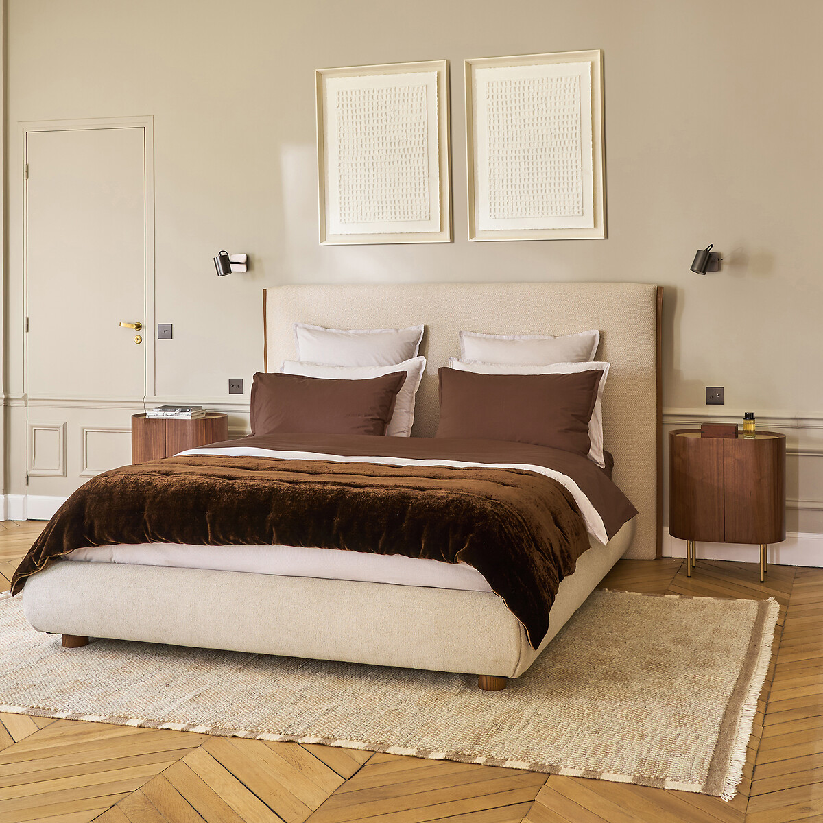Tête de lit tweedée, finition cuir, largeur 204 cm, Abby beige chiné, AM.PM