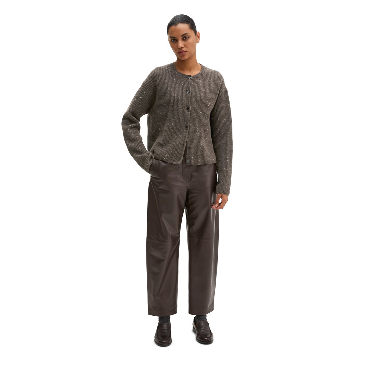 Cardigan en tweed coupe classique en mélange de laine vierge marron, MARC O'POLO
