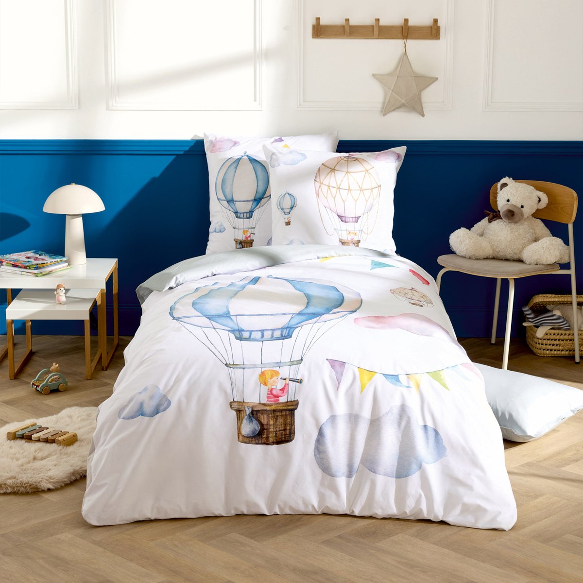 Taie d’oreiller enfant percale de coton montgolfière bleu, TRADILINGE