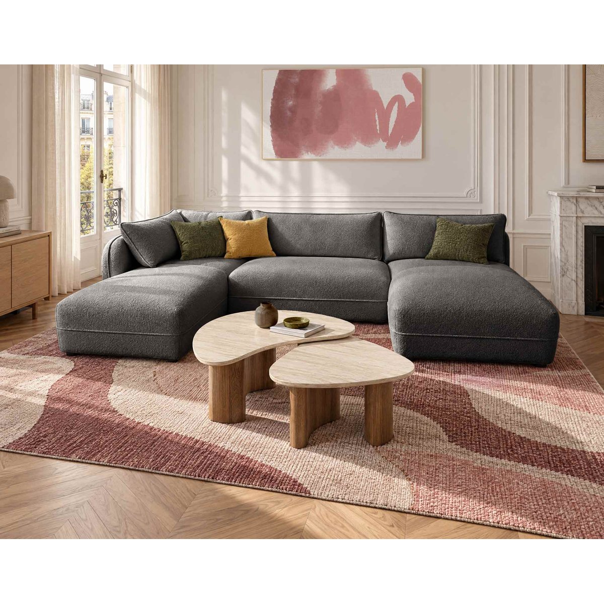Canapé panoramique d'angle gauche 7 places, LUCIEN gris, BEST MOBILIER