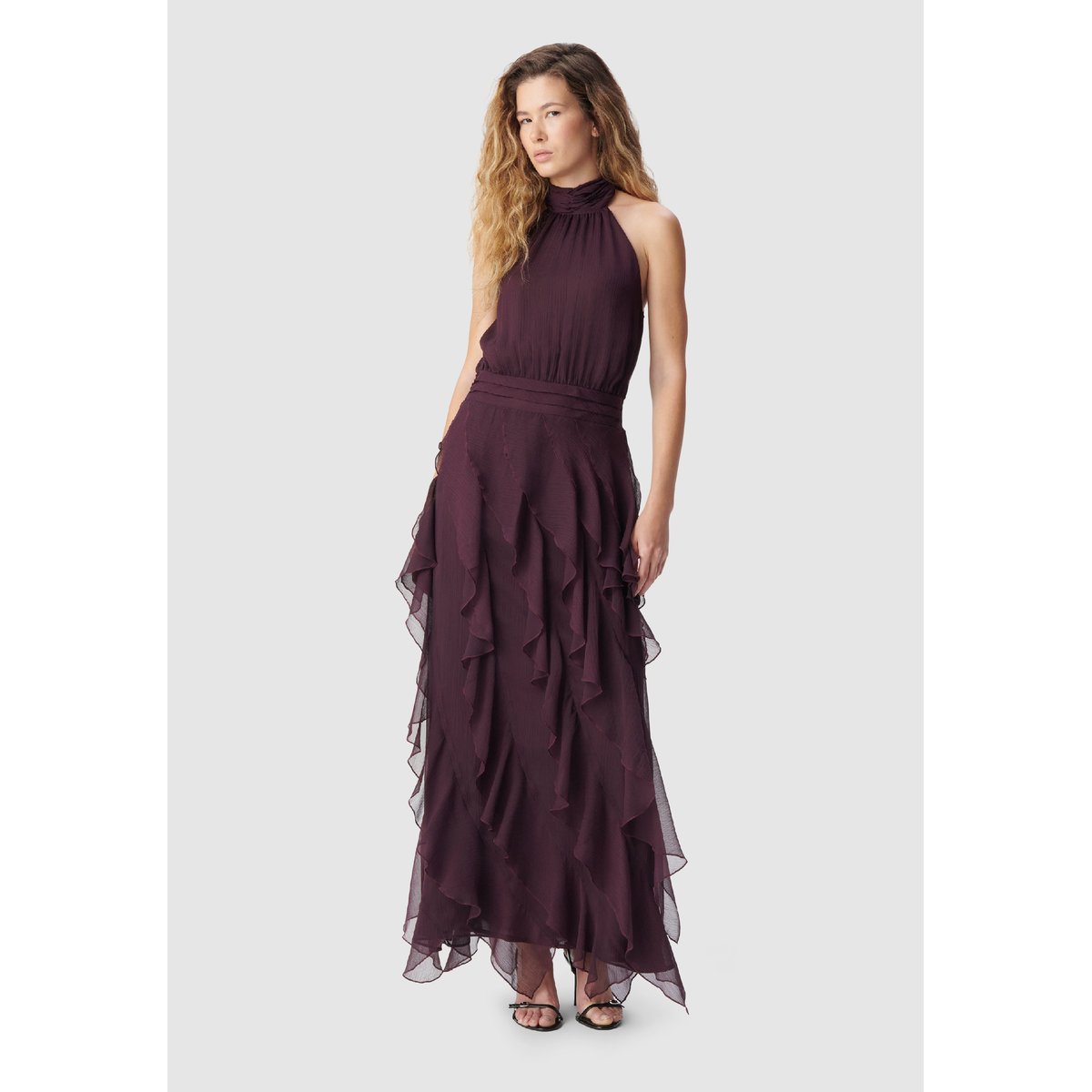 Robe longue vaporeuse à volants violet aubergine, IKKS