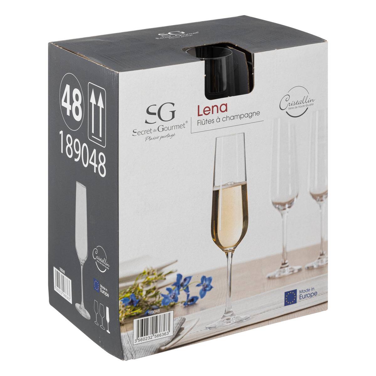 Lot de 6 flûtes à champagne en verre cristallin 20 cl LENA transparent, SECRET DE GOURMET