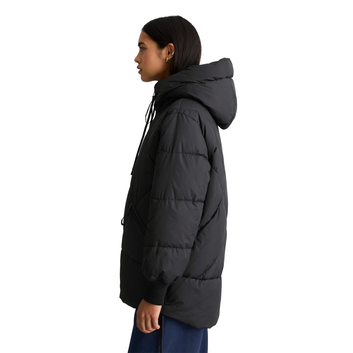 Veste matelassée longue à capuche, coupe décontractée en polyester recyclé noir, MARC O’POLO DENIM