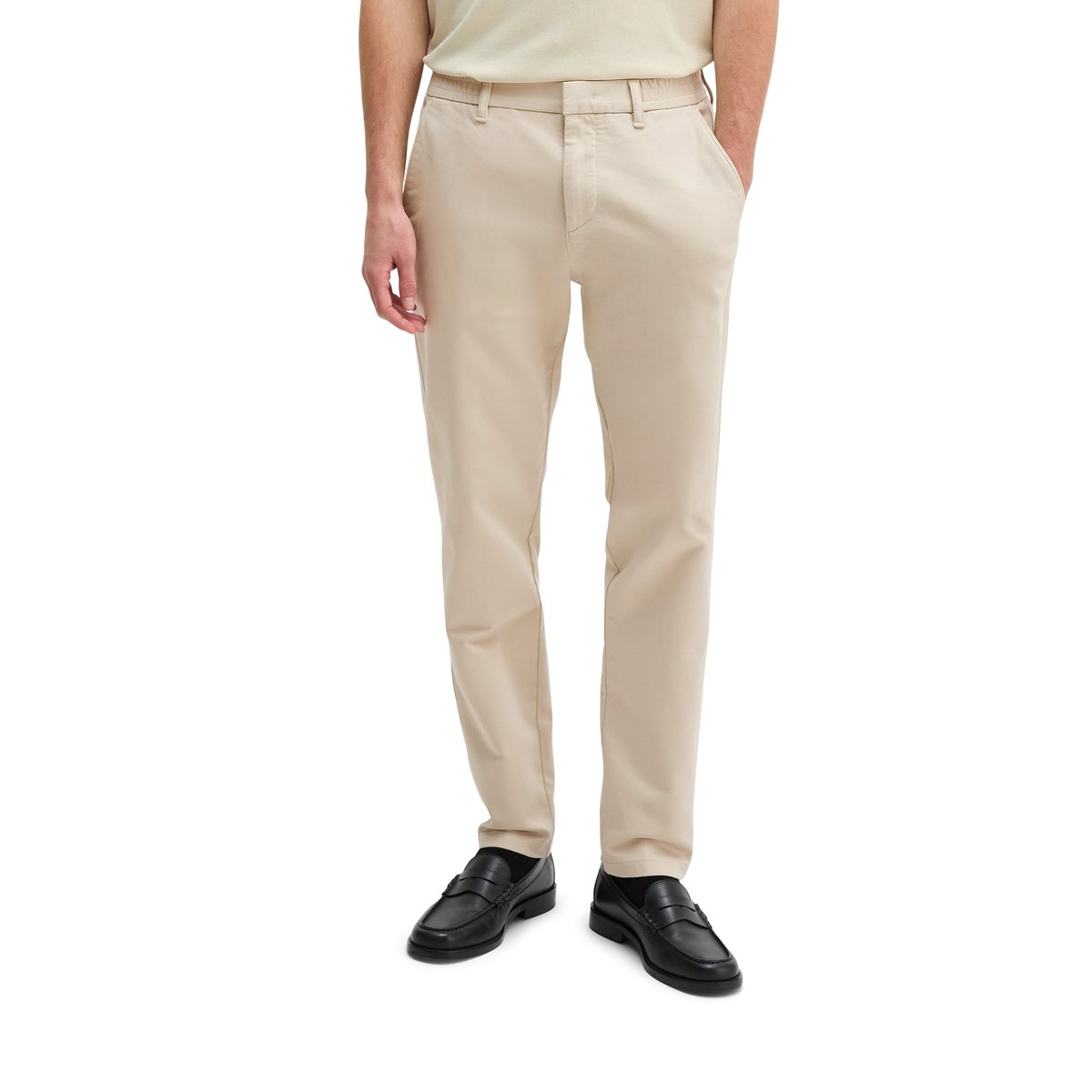 Chino modèle Morot Jogger tapered en satin de coton bio élastique beige, MARC O'POLO