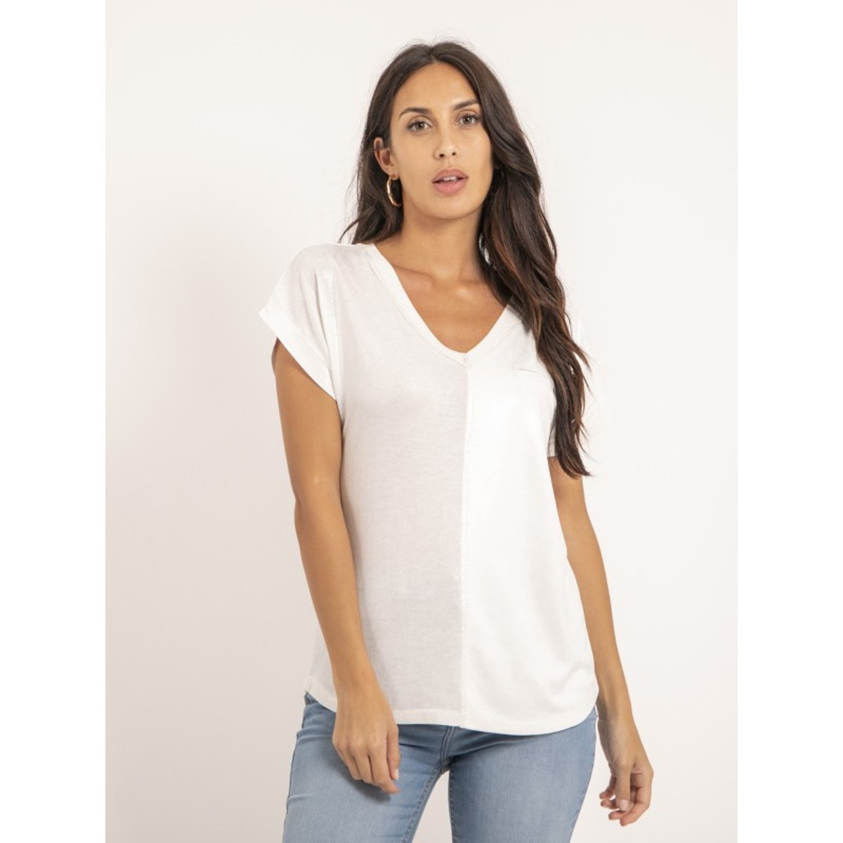 T-shirt Col V Bimatière Fazzy rose, DONA LISA