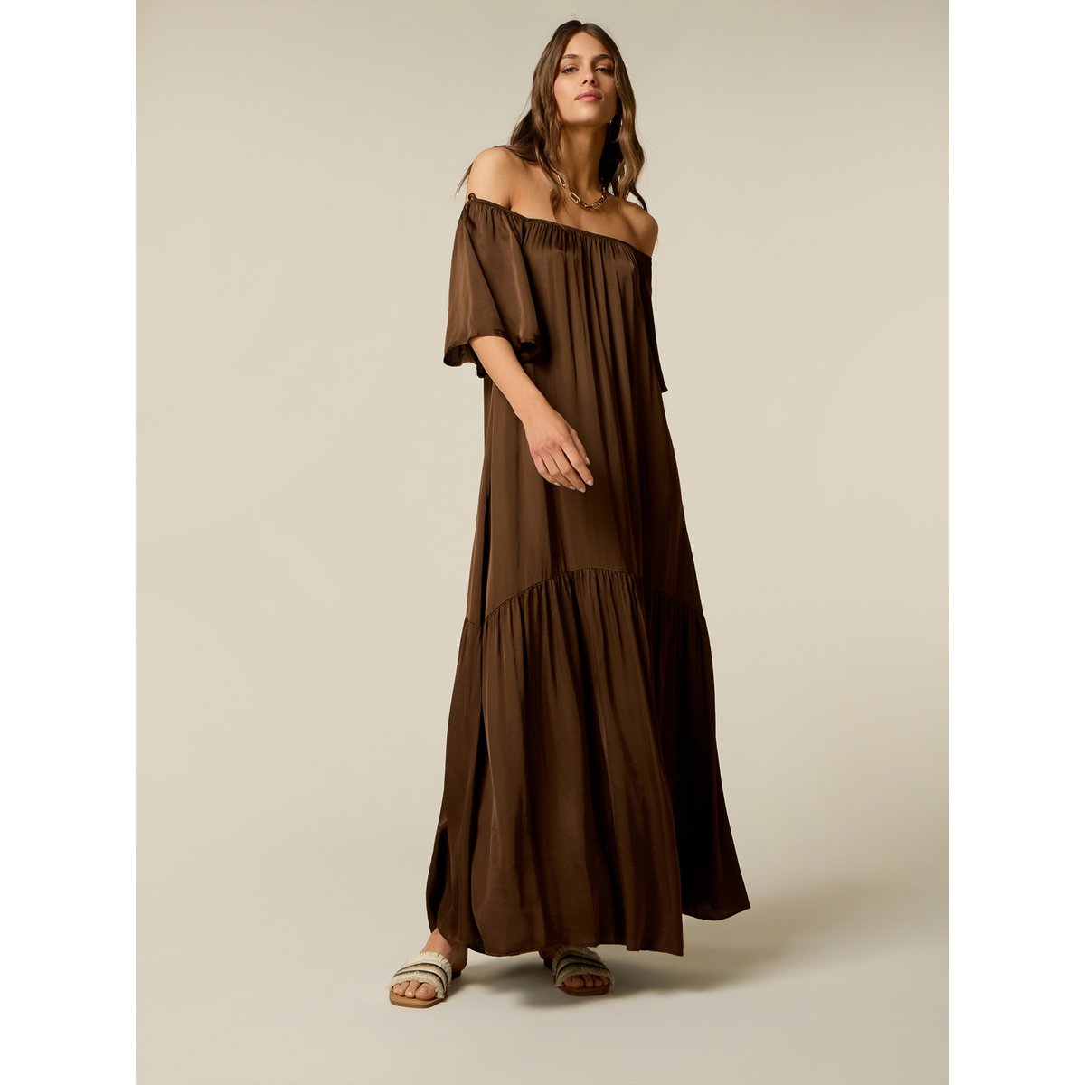 Robe longue épaules dénudées marron, OLTRE