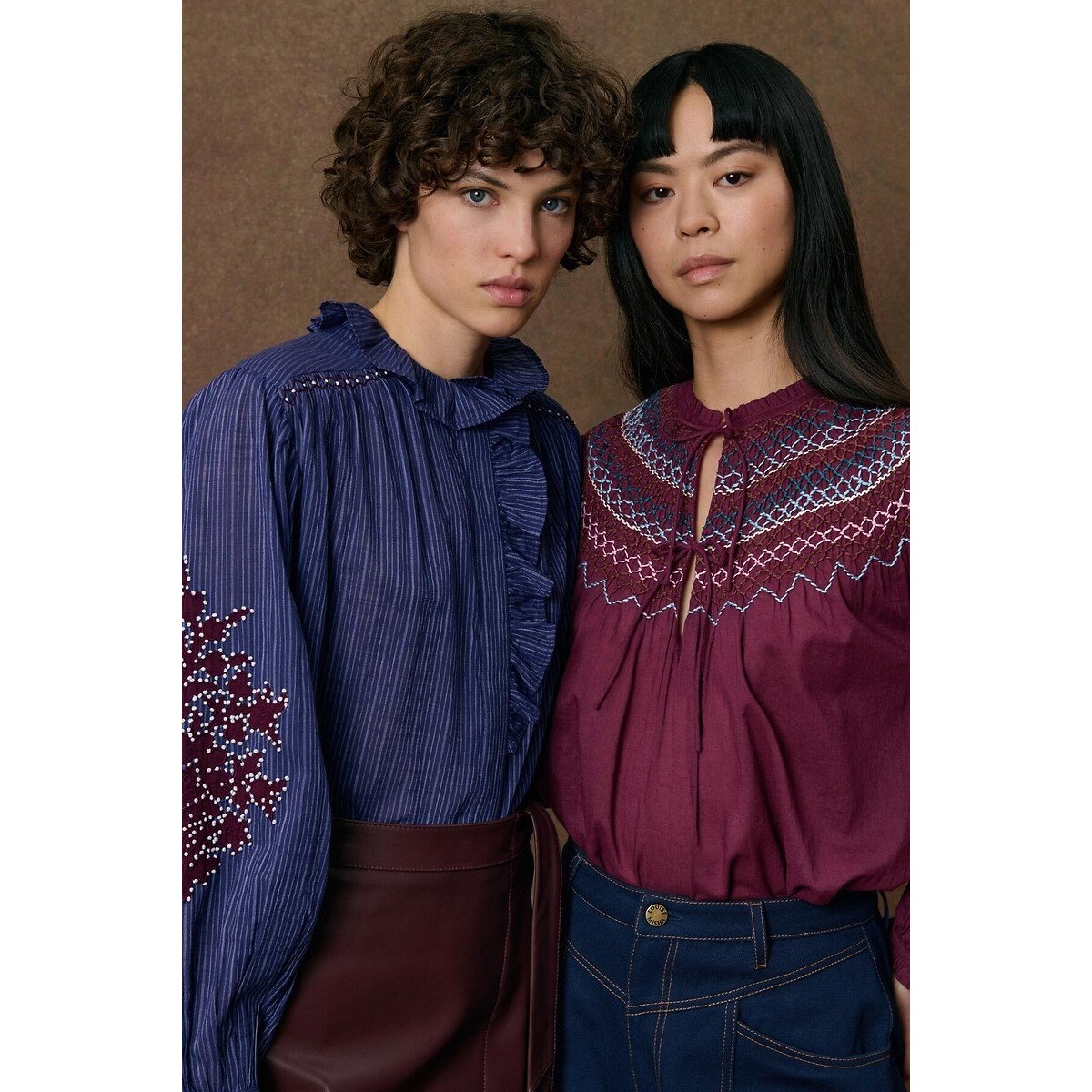 Blouse brodée à col volanté et rayures, CORA marine, LOUISE MISHA
