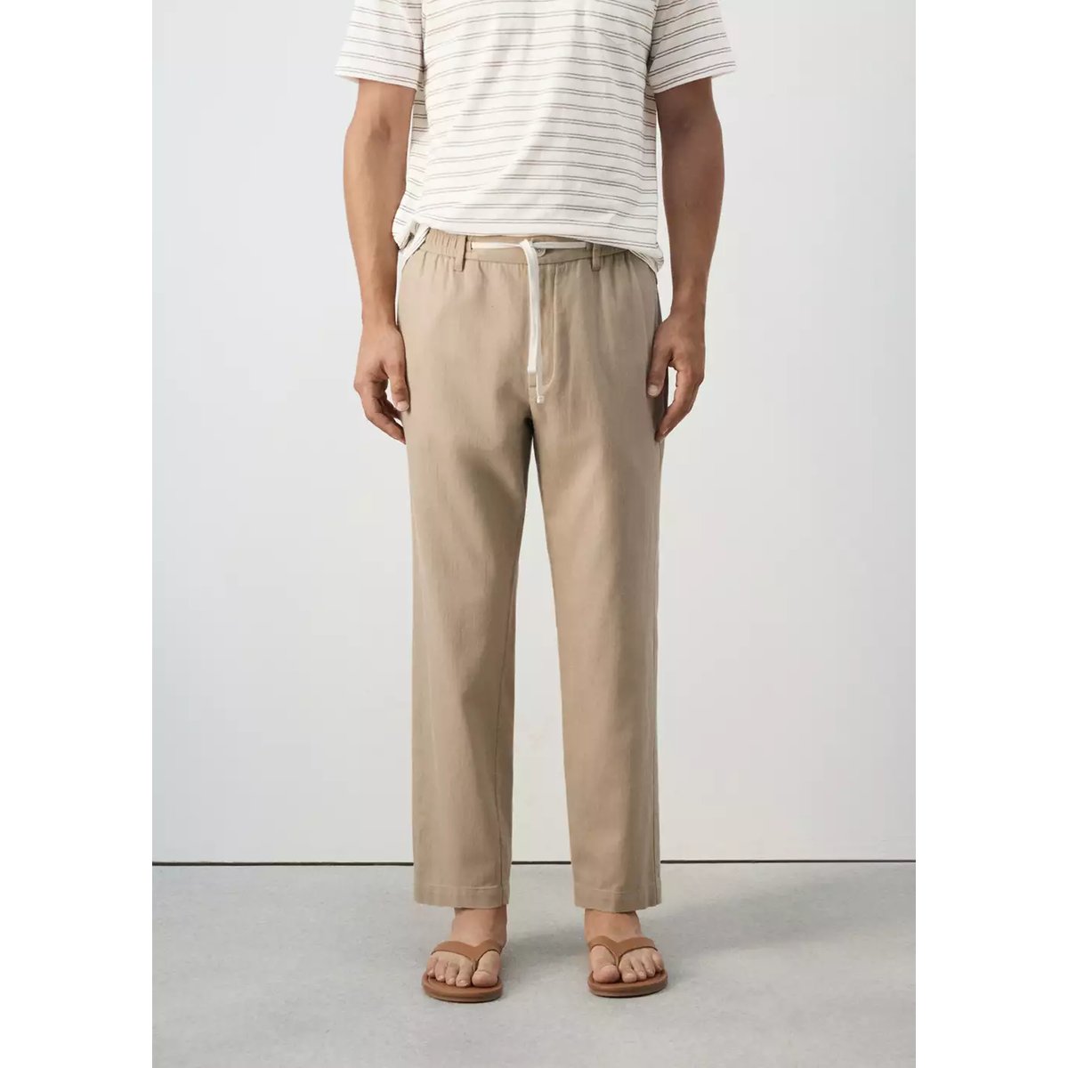 Pantalon relaxed fit en mélange de coton et lin beige, MANGO MAN