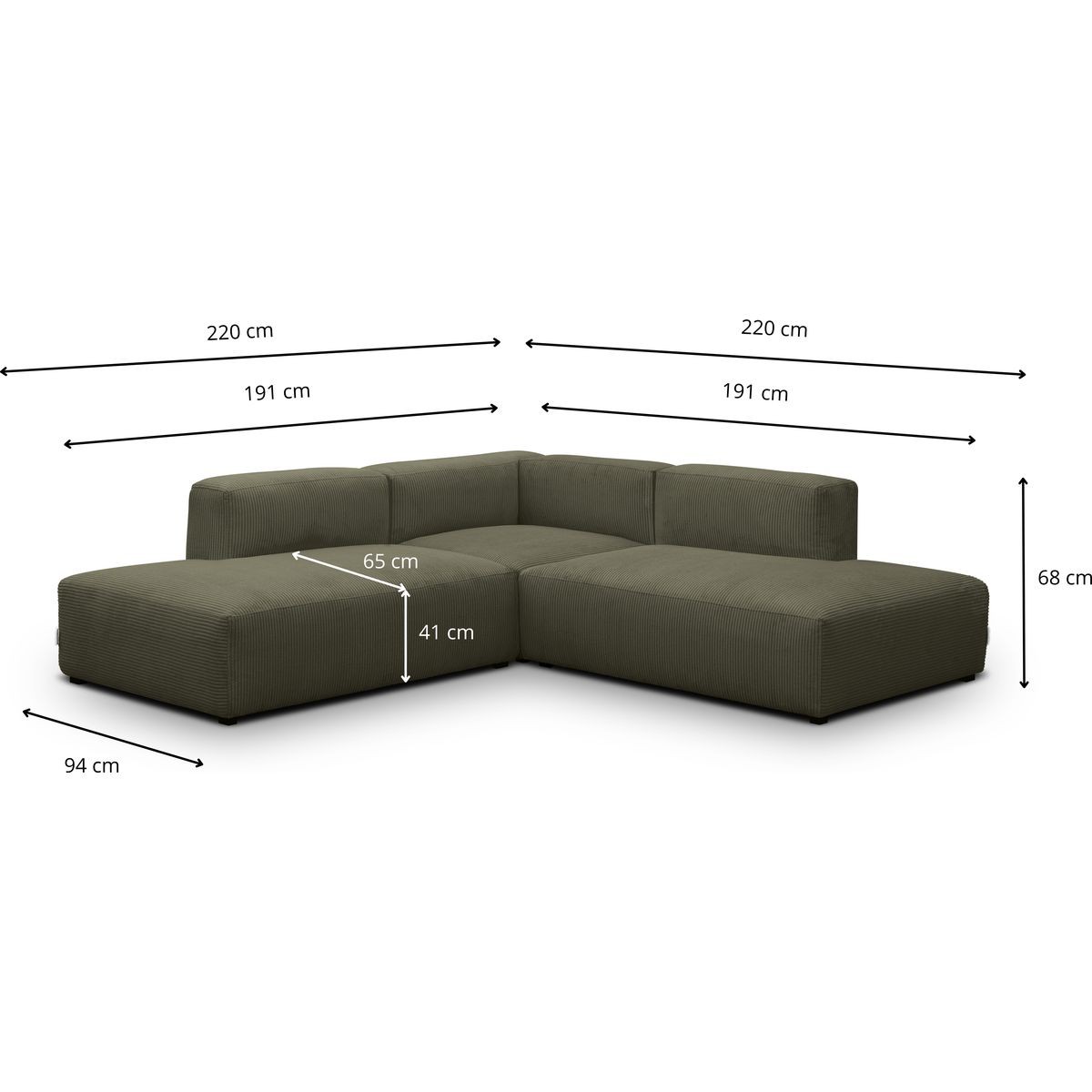 Canapé d'angle modulable réversible 5 places en velours côtelé - MODULO vert kaki, HOMIFAB