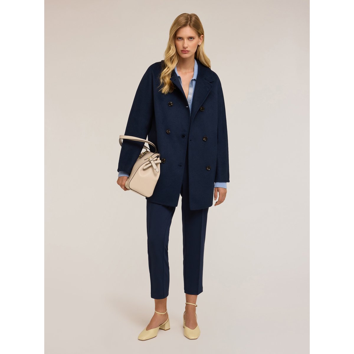 Manteau croisé en tissu mélangé de laine bleu, MOTIVI