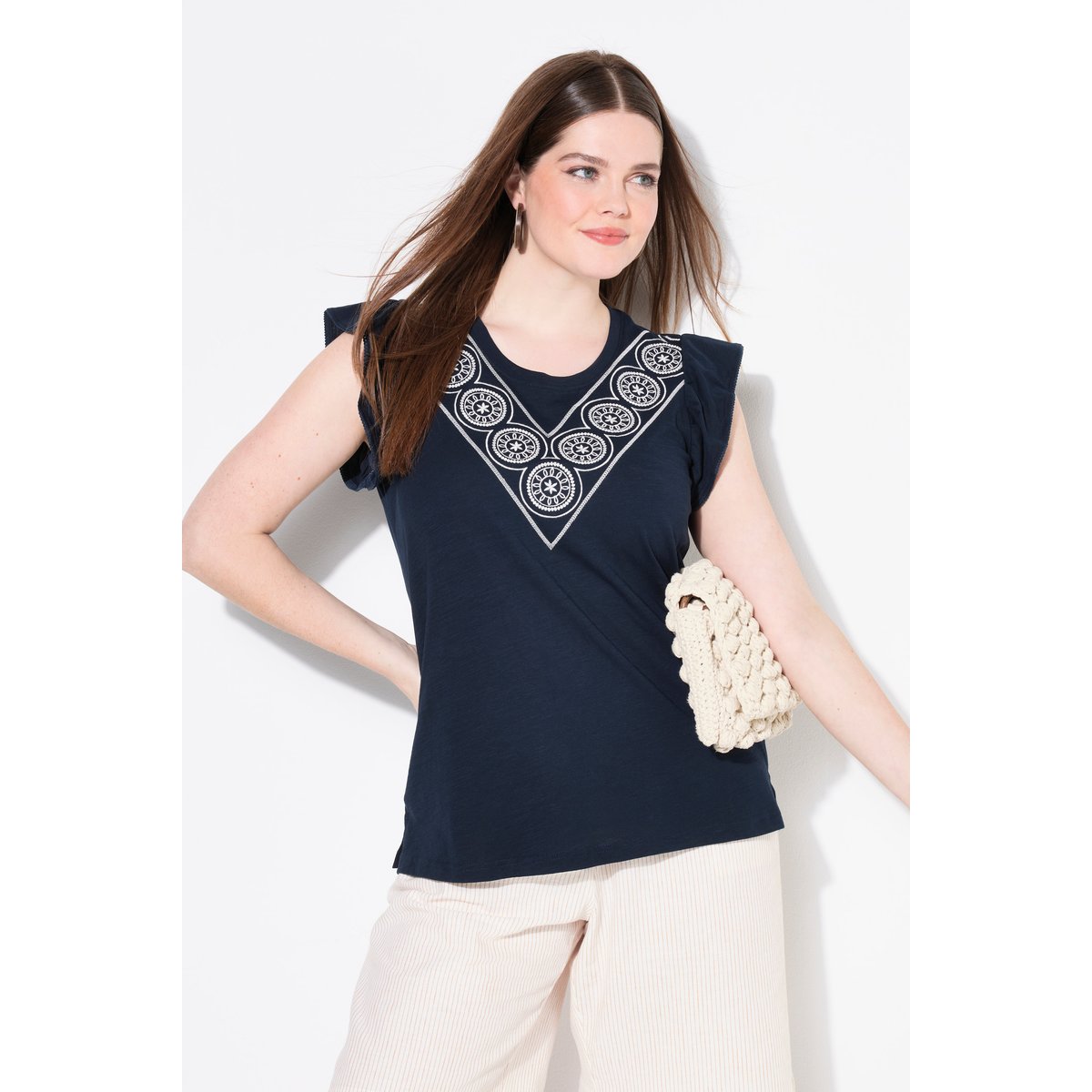 T-shirt, broderie, col rond, manches courtes marine, ULLA POPKEN