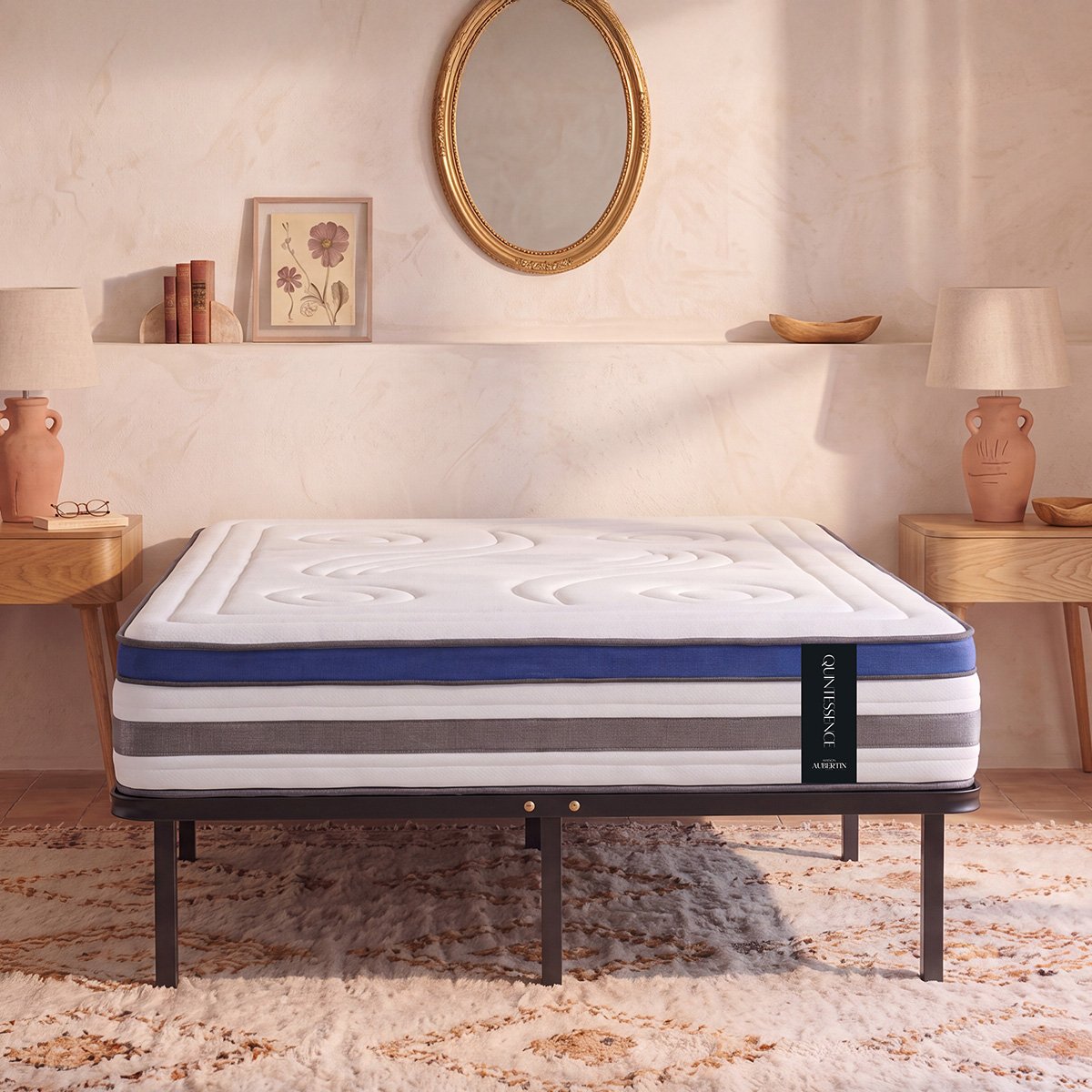 Ensemble QUINTESSENCE mémoire + sommier métal - 30 cm d'épaisseur - Accueil moelleux, soutien ferme blanc, MAISON AUBERTIN