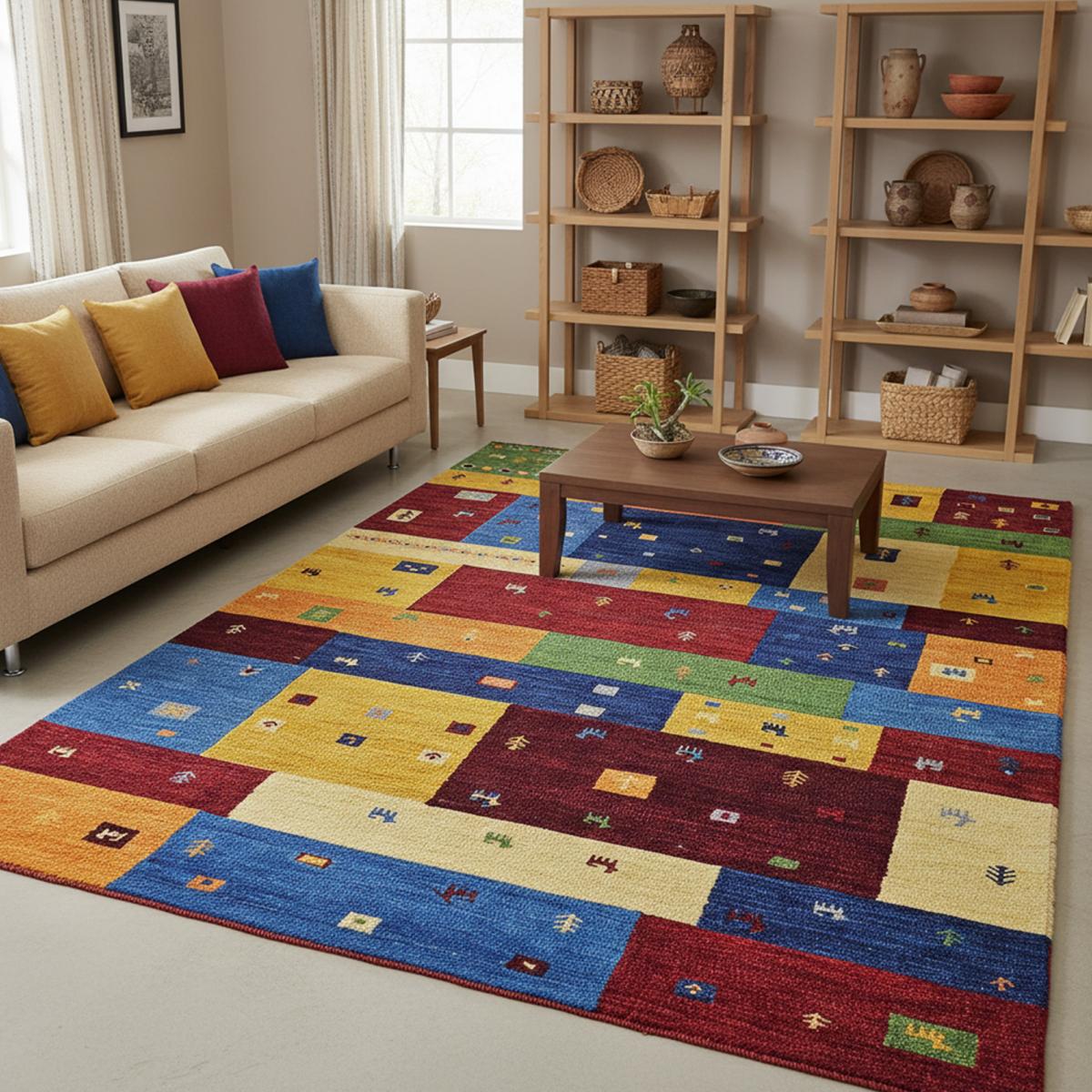 Tapis d'orient MYLA fait main en Laine, motif Gabbeh multicolore bordeaux, jaune, multicolore, UN AMOUR DE TAPIS