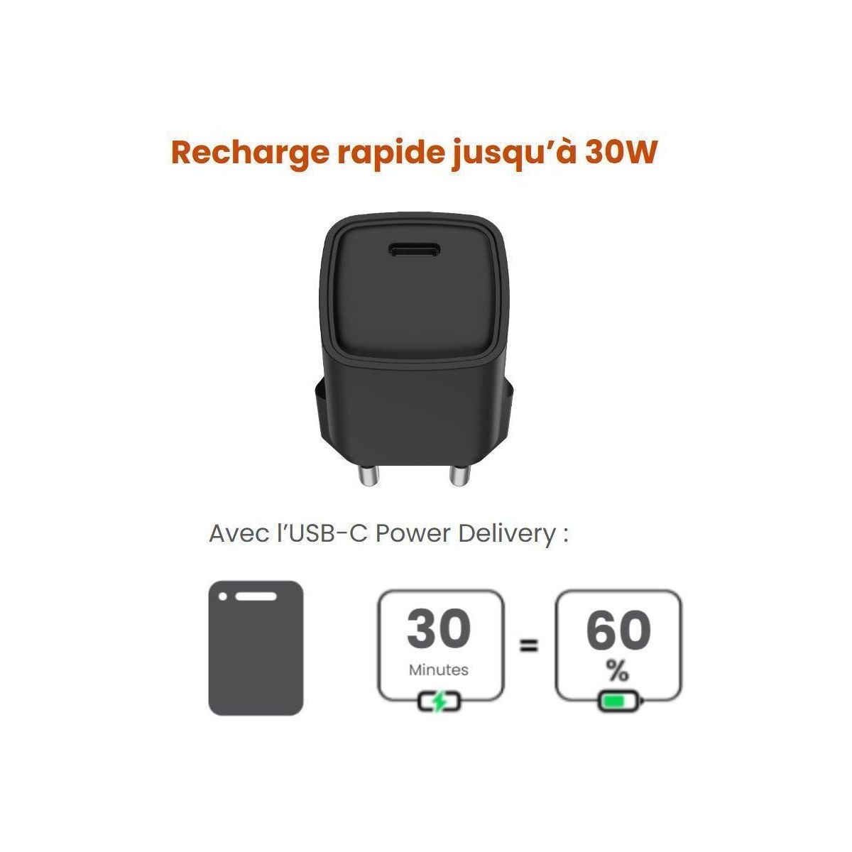 Chargeur 30W GaN + charge rapide USB-C Noir couleur unique, ESSENTIEL B