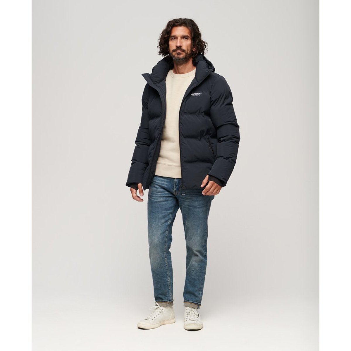 Doudoune droite à capuche bleu marine éclipse, SUPERDRY
