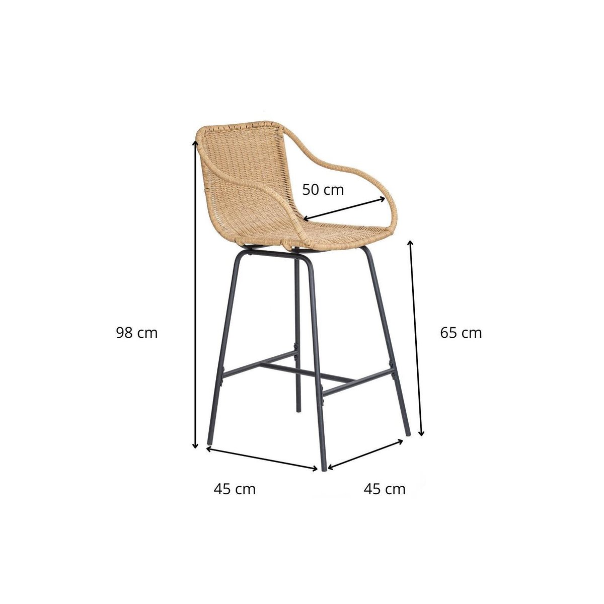 Lot de chaises de bar et d'ilot en métal et assise rotin 65cm MOOREA | Lot de 8 naturel, MOB IN