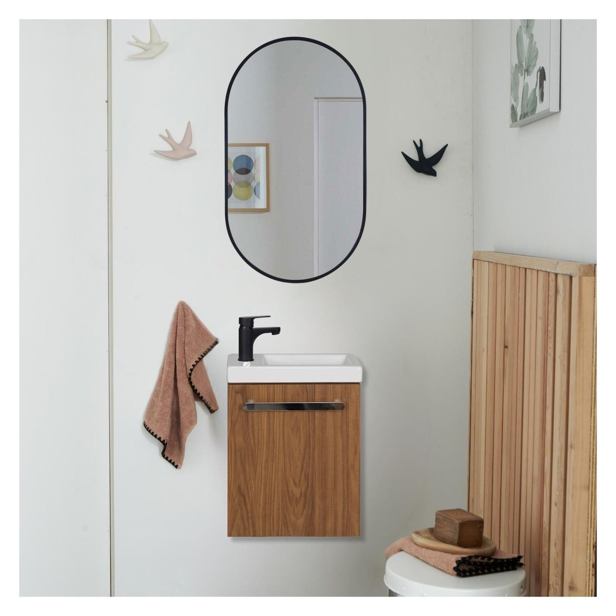 Ensemble lave-mains suspendu avec miroir ovale NEVADA décor noyer, MOB IN