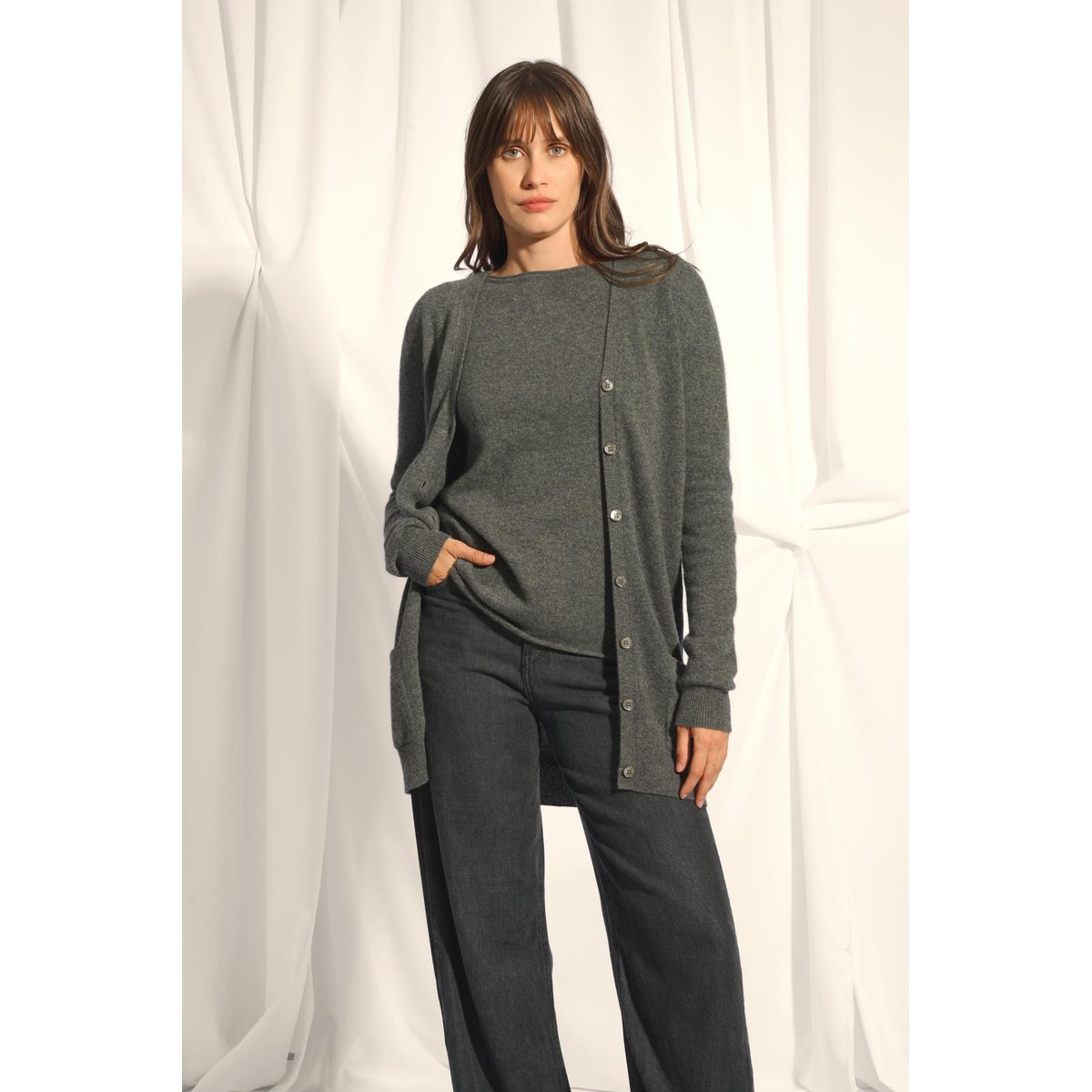 Cardigan Col V Anthracite Chiné Chelsea gris anthracite chiné, JUST CASHMERE