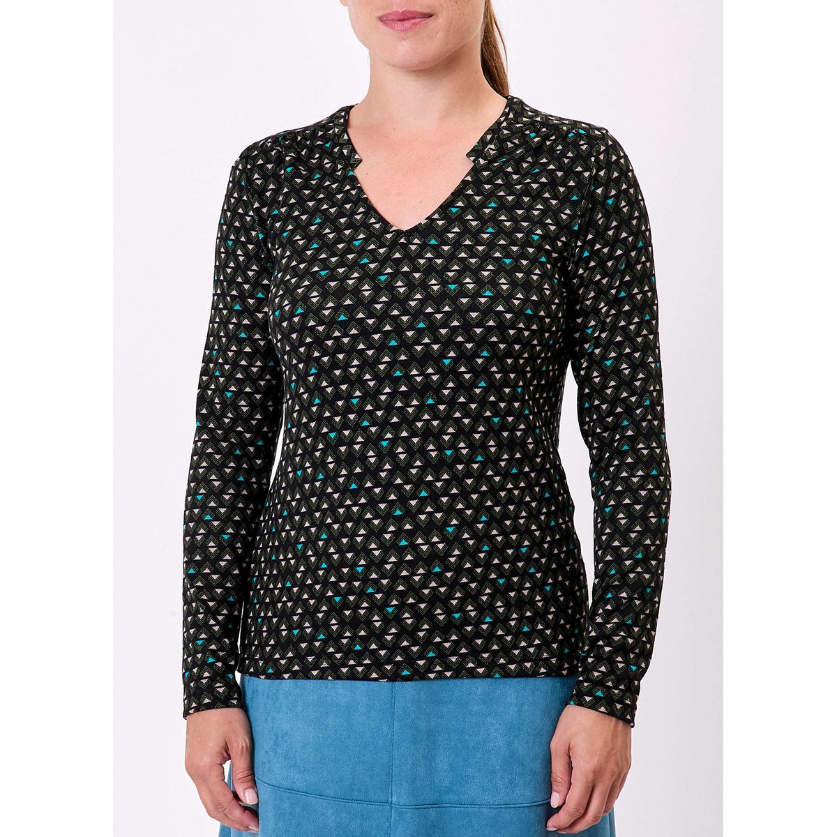 T-shirt imprimé fluide col V maille ORVAR noir turquoise, LA FIANCÉE