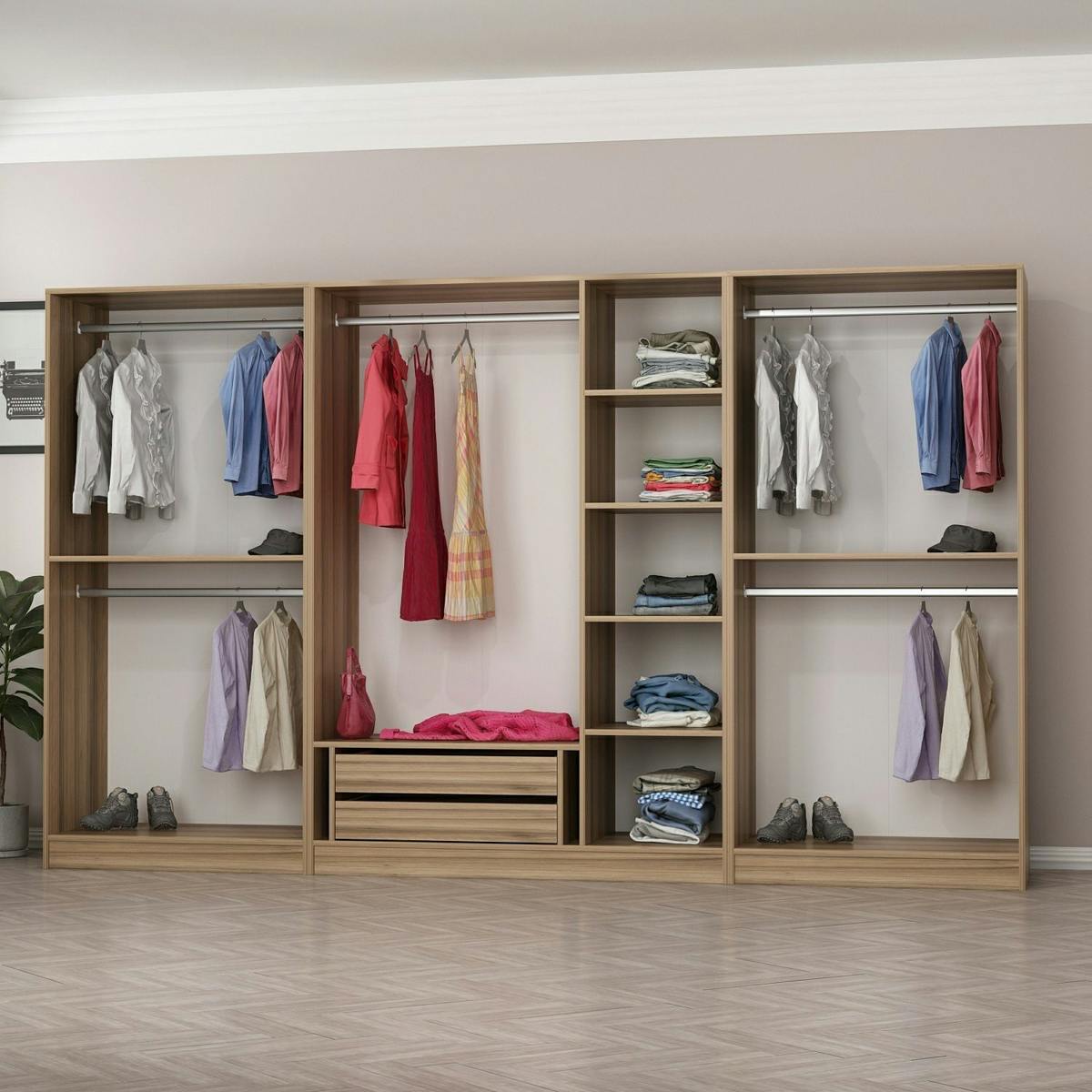 Dressing design 7 portes verre noir & cadre effet noyer BYRON bois naturel, PIER IMPORT