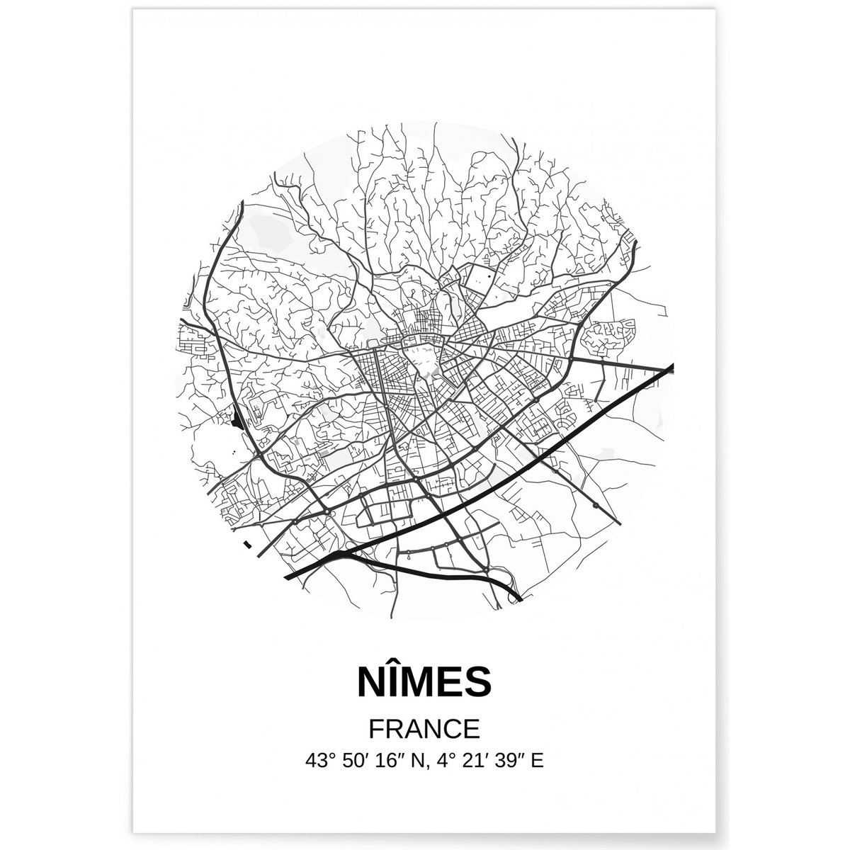 Affiche Carte Nîmes blanc, L'AFFICHERIE