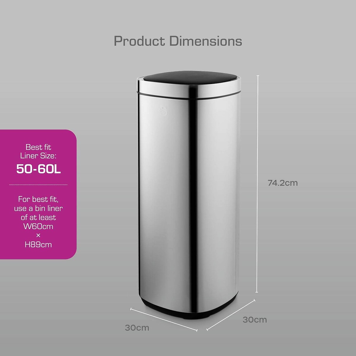 50L Square Sensor Bin silver-coloured, SWAN