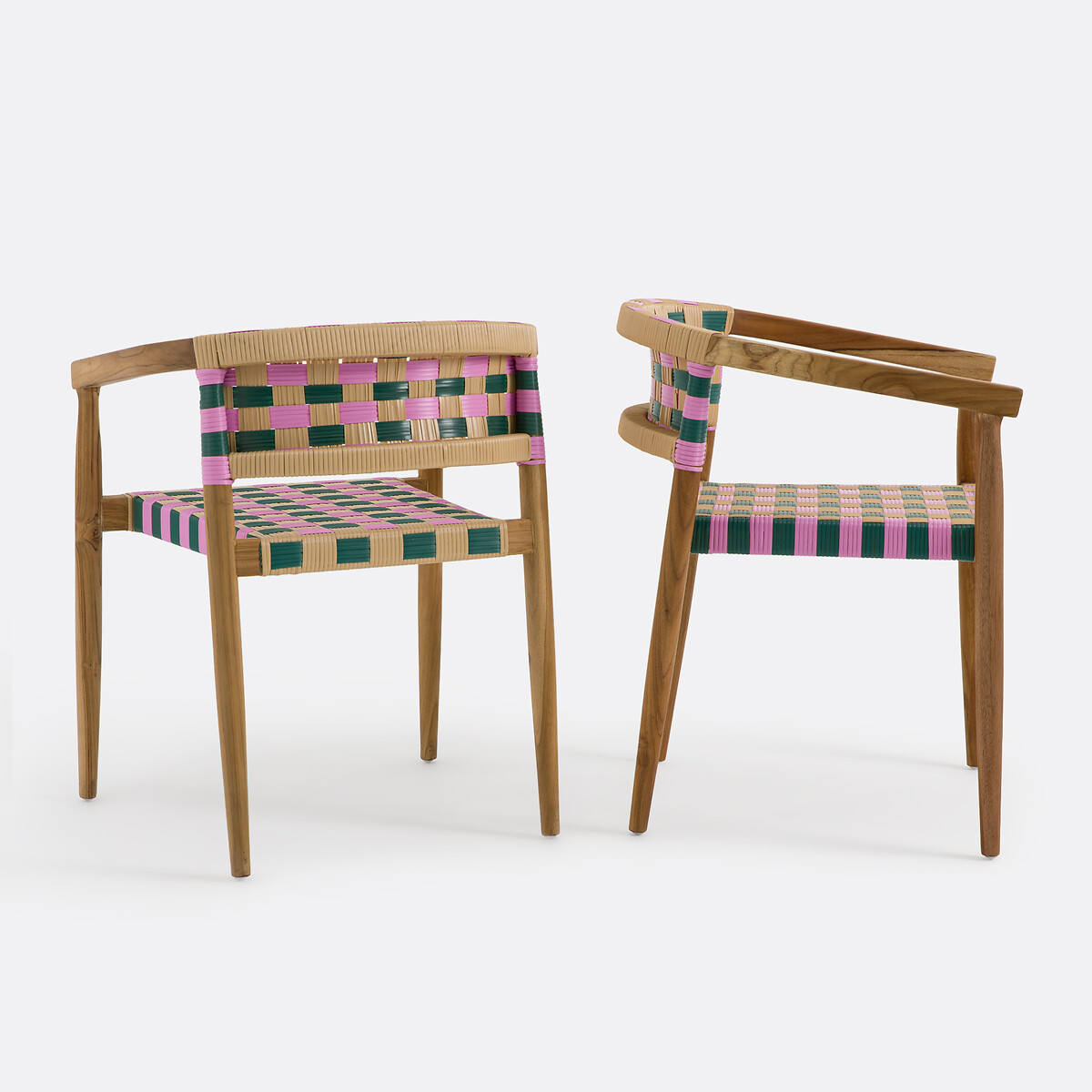 Set aus 2 Tischsesseln, aus massivem Teakholz und Harzgeflecht, BIANCA rosa kariert, LA REDOUTE INTERIEURS