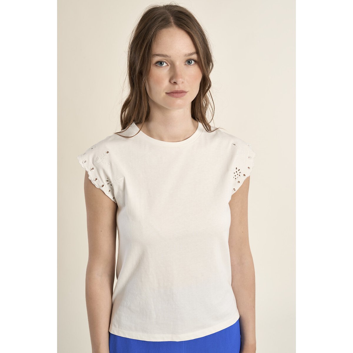 Short Sleeve Crew Neck T-Shirt with Openwork Detail white, MOLLY BRACKEN
