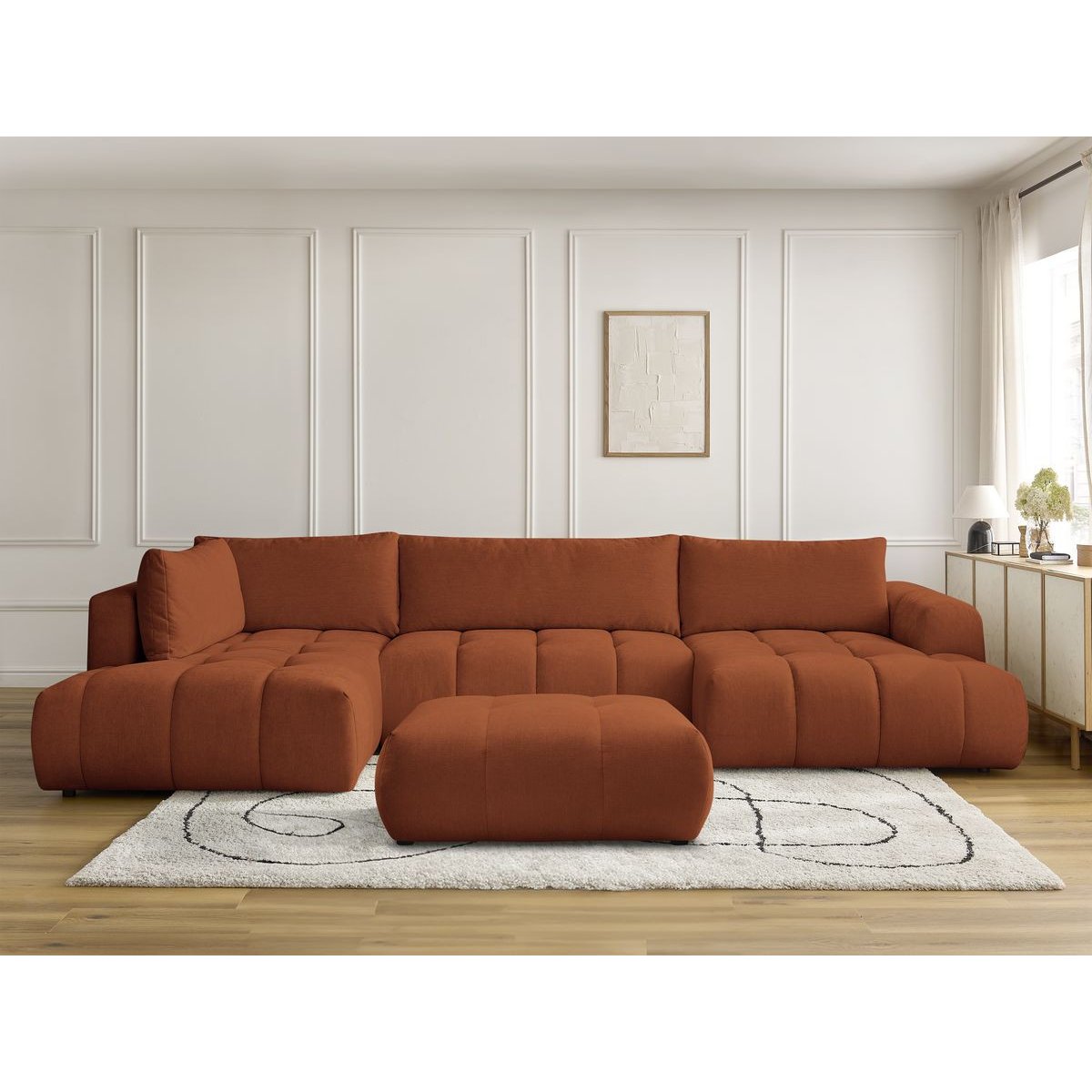 Canapé panoramique convertible 5 places en tissu lisse avec pouf, FUJI orange, BOBOCHIC