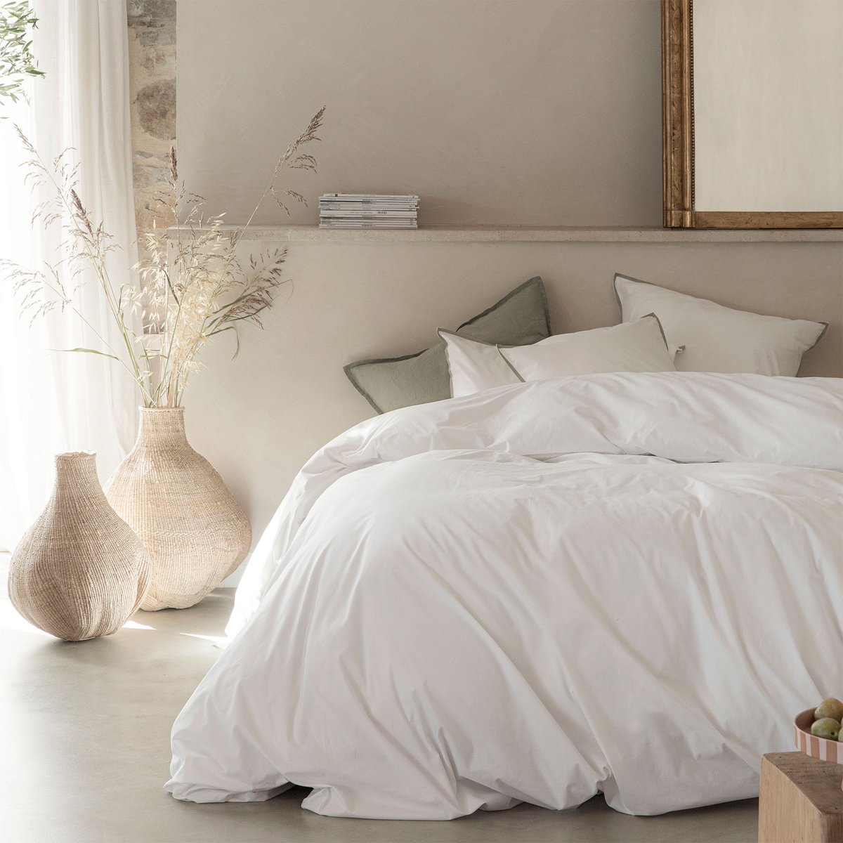Taie d'oreiller en percale de coton prestige 120 fils, VOLUPTÉ PURE blanc, lichen, BLANC CERISE