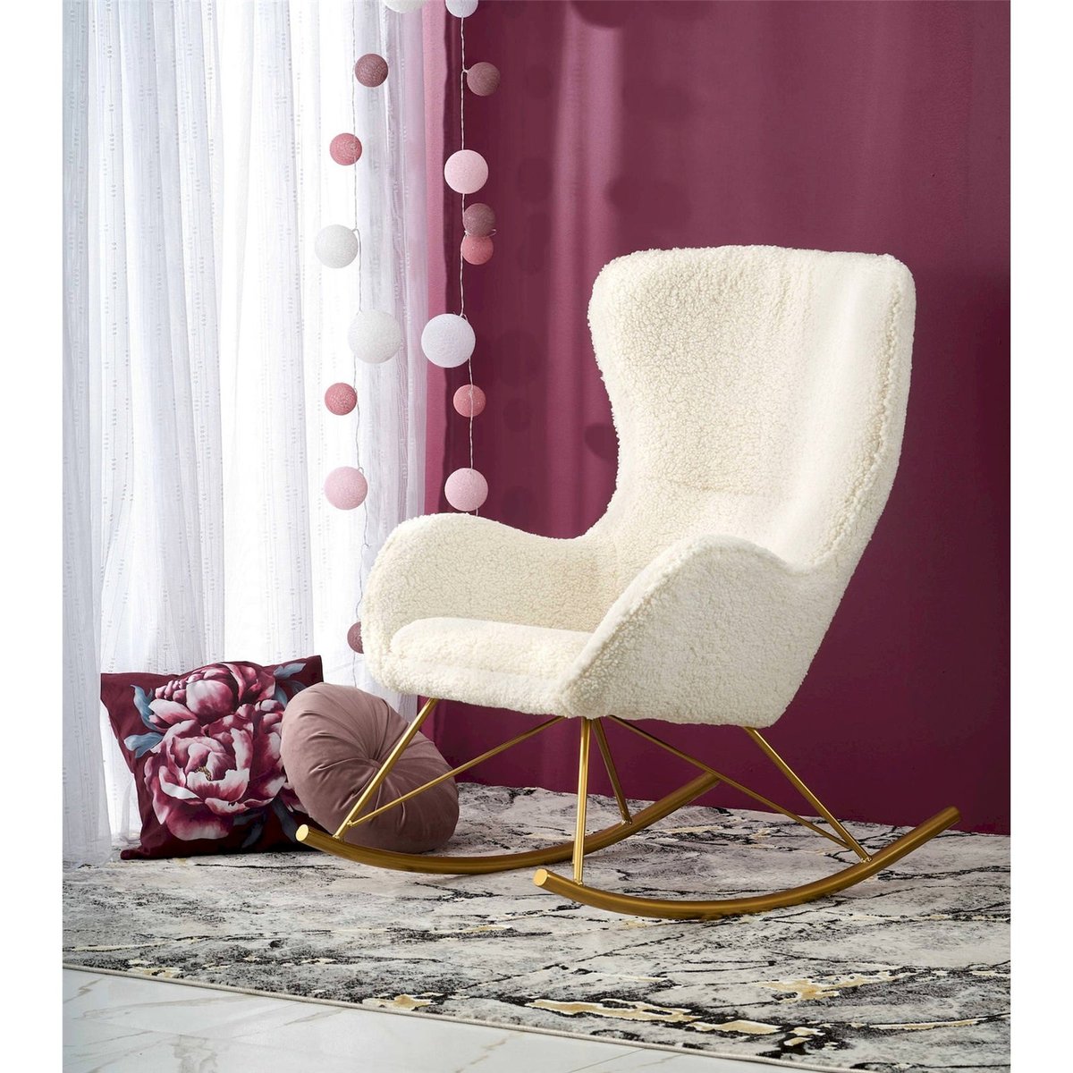 Fauteuil à bascule bouclé collection FORTILLER beige et doré, RECOLLECTION