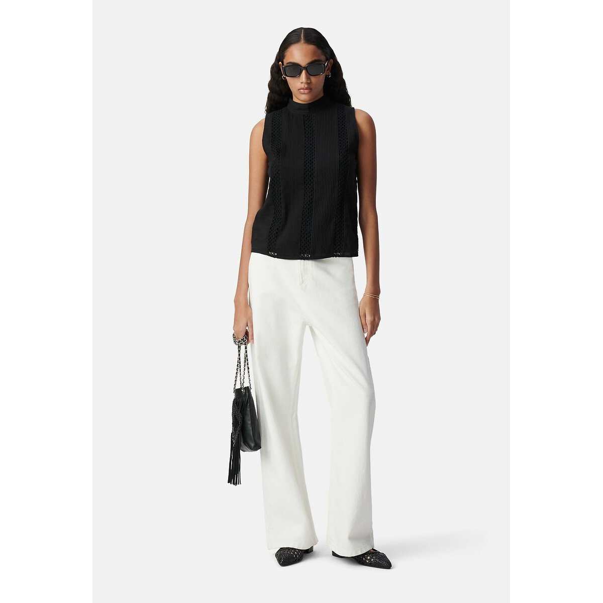 Blouse plissée sans manches à col montant lin/noir, IKKS