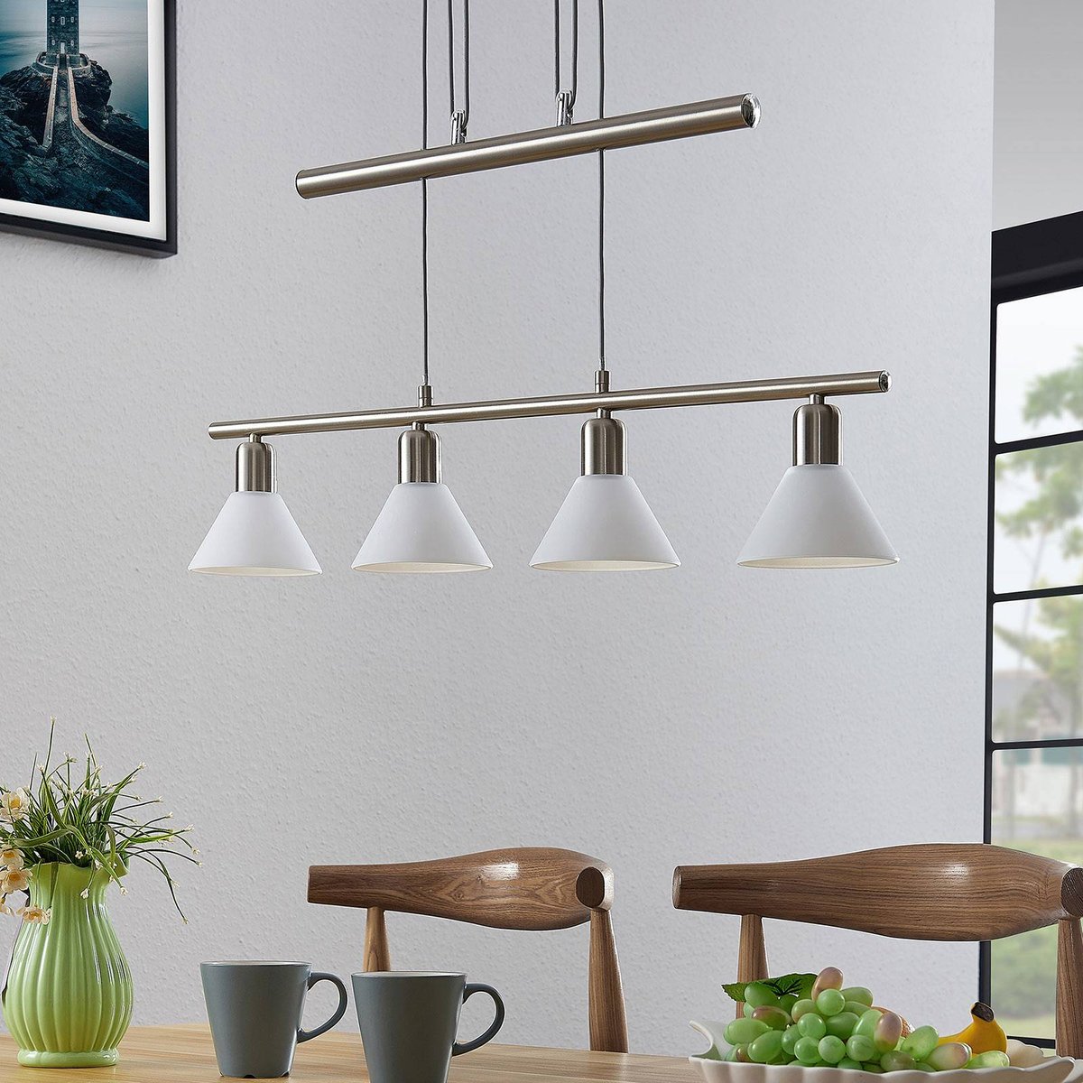 Suspension en métal moderne, Delira blanc, nickel satiné, LINDBY