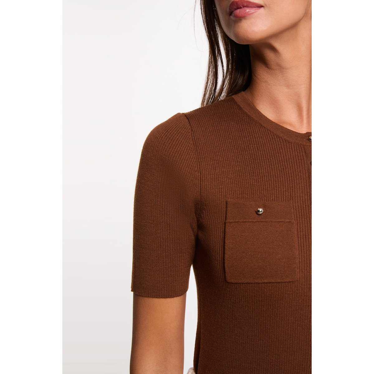 Pull col rond manches courtes marron chocolat, MORGAN
