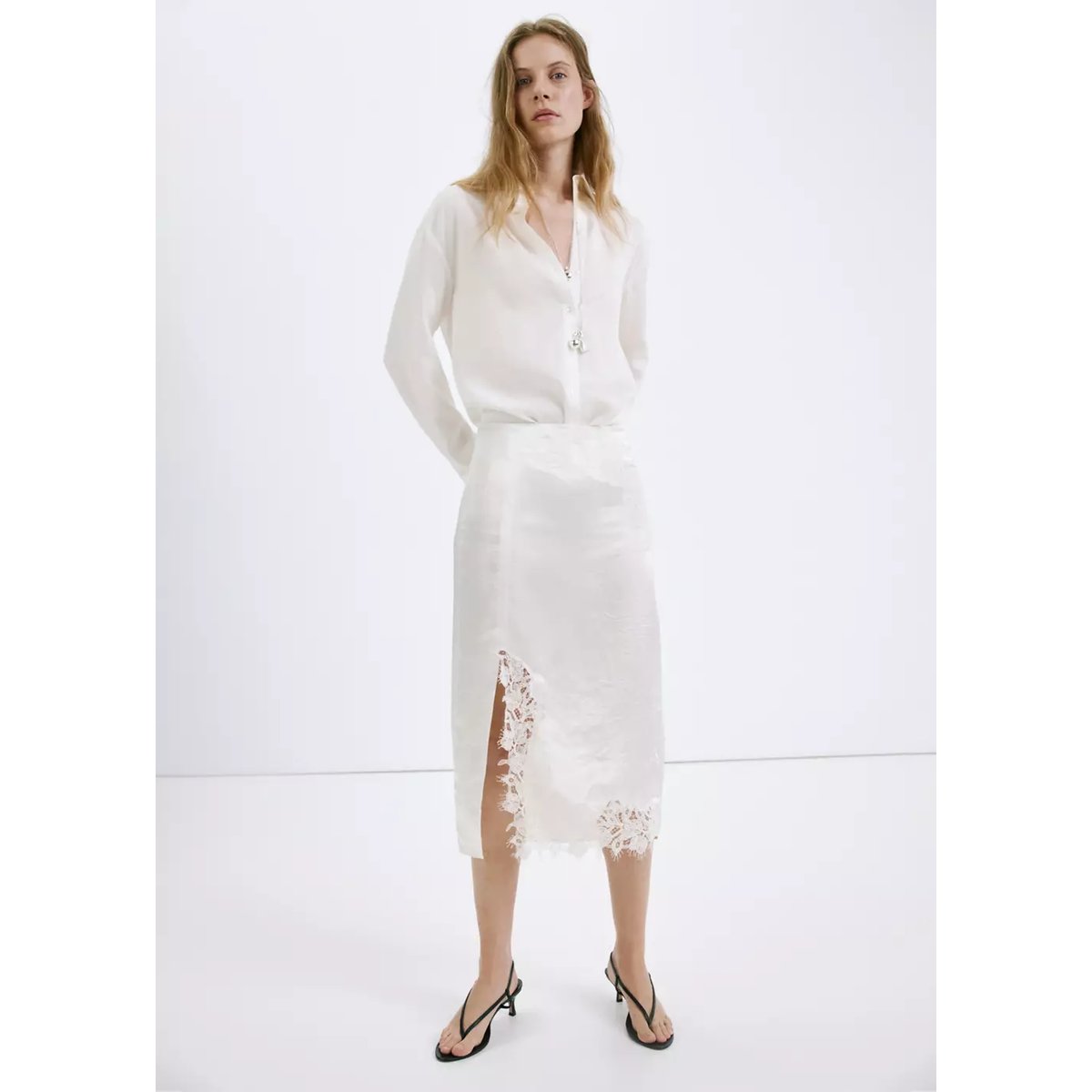Jupe satinée dentelle blanc, MANGO